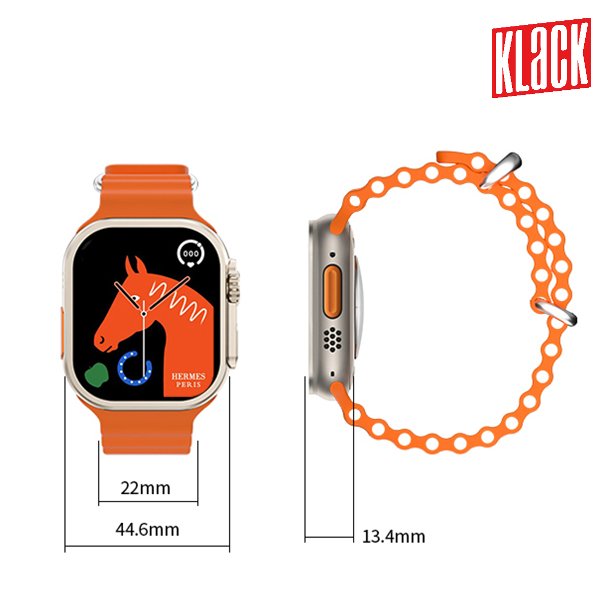 Smartwatch con diseño de caballo en pantalla, correa naranja. Medidas y logotipo Klack.