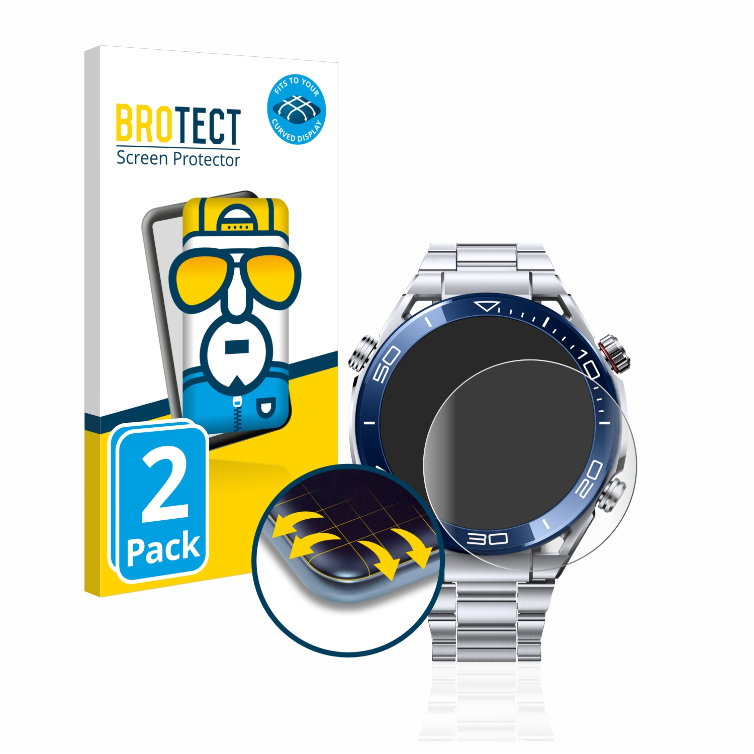 Eine Uhr mit Displayschutz und eine Schachtel mit Displayschutzfolien auf weißem Hintergrund.