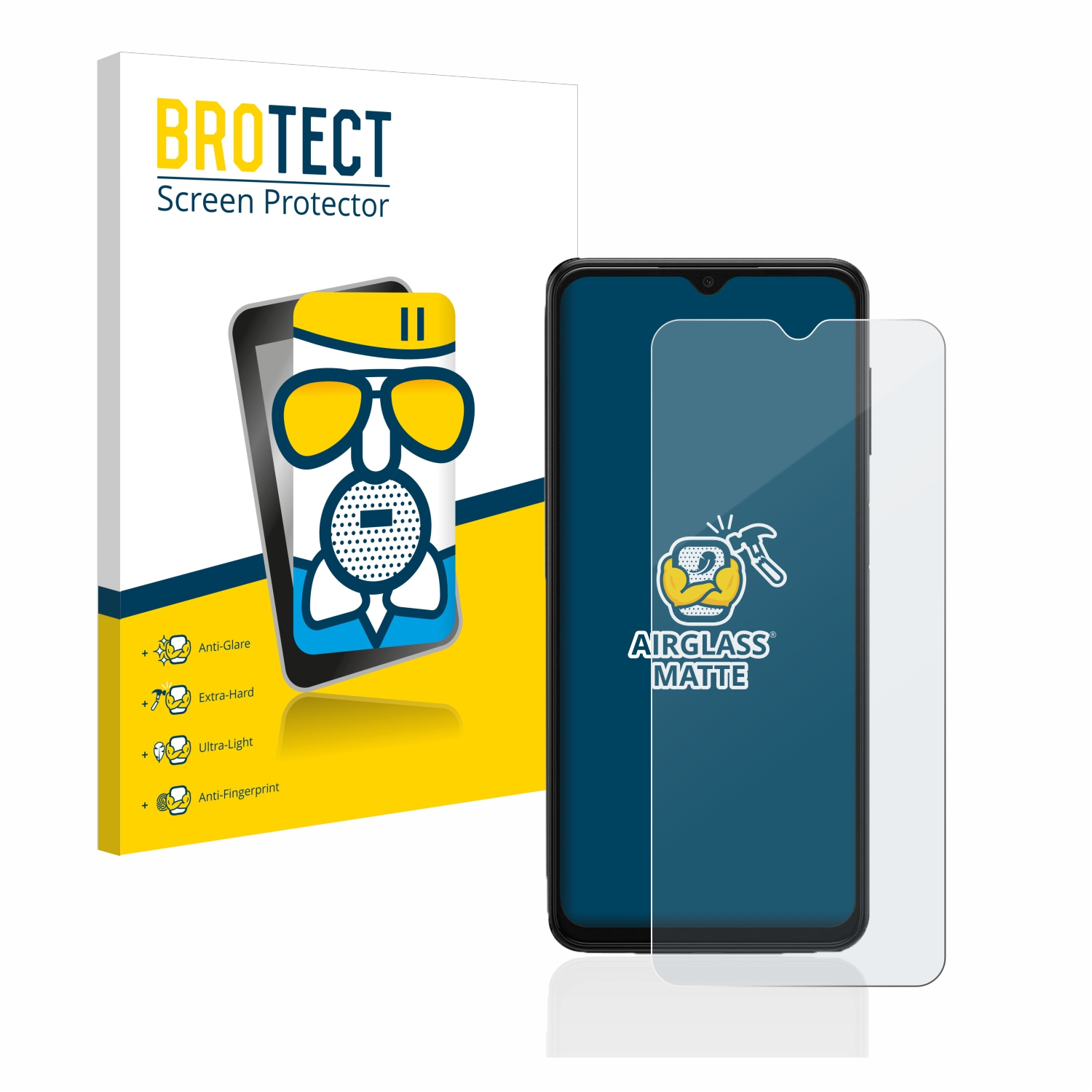 Telefon mit Displayschutzfolienbox. Displayschutzfolienbox hat einen Cartoon und Text. Telefon ist schwarz.