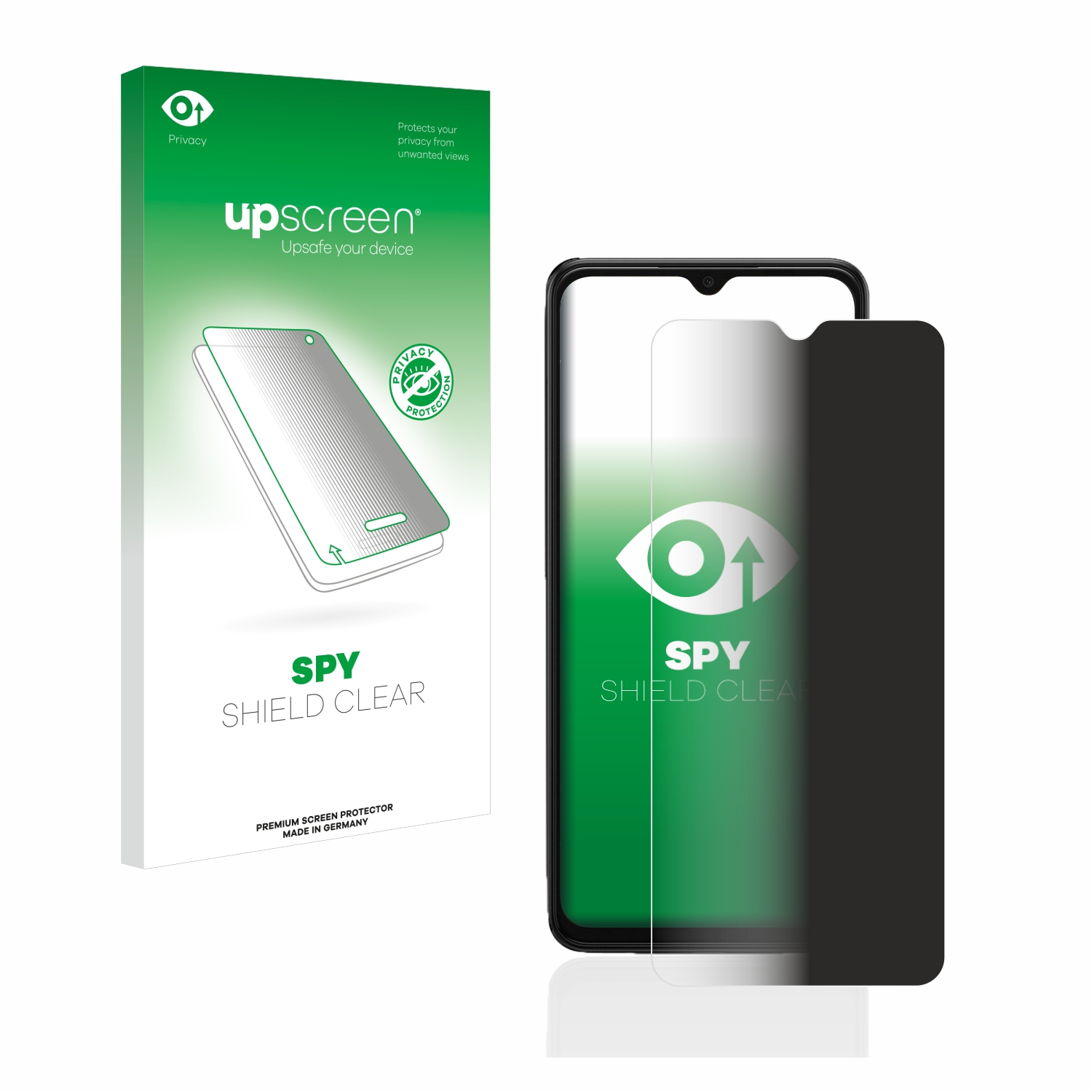 Ein Telefon mit Datenschutz-Displayschutz und eine Schachtel mit Displayschutzfolien.
