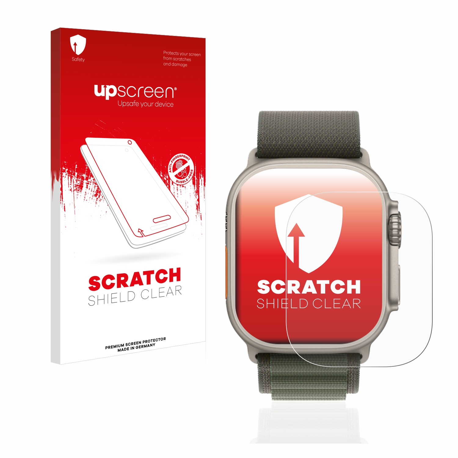 Smartwatch und Schutzbox. Uhr silber, Schutz klar. Roter und weißer Hintergrund.