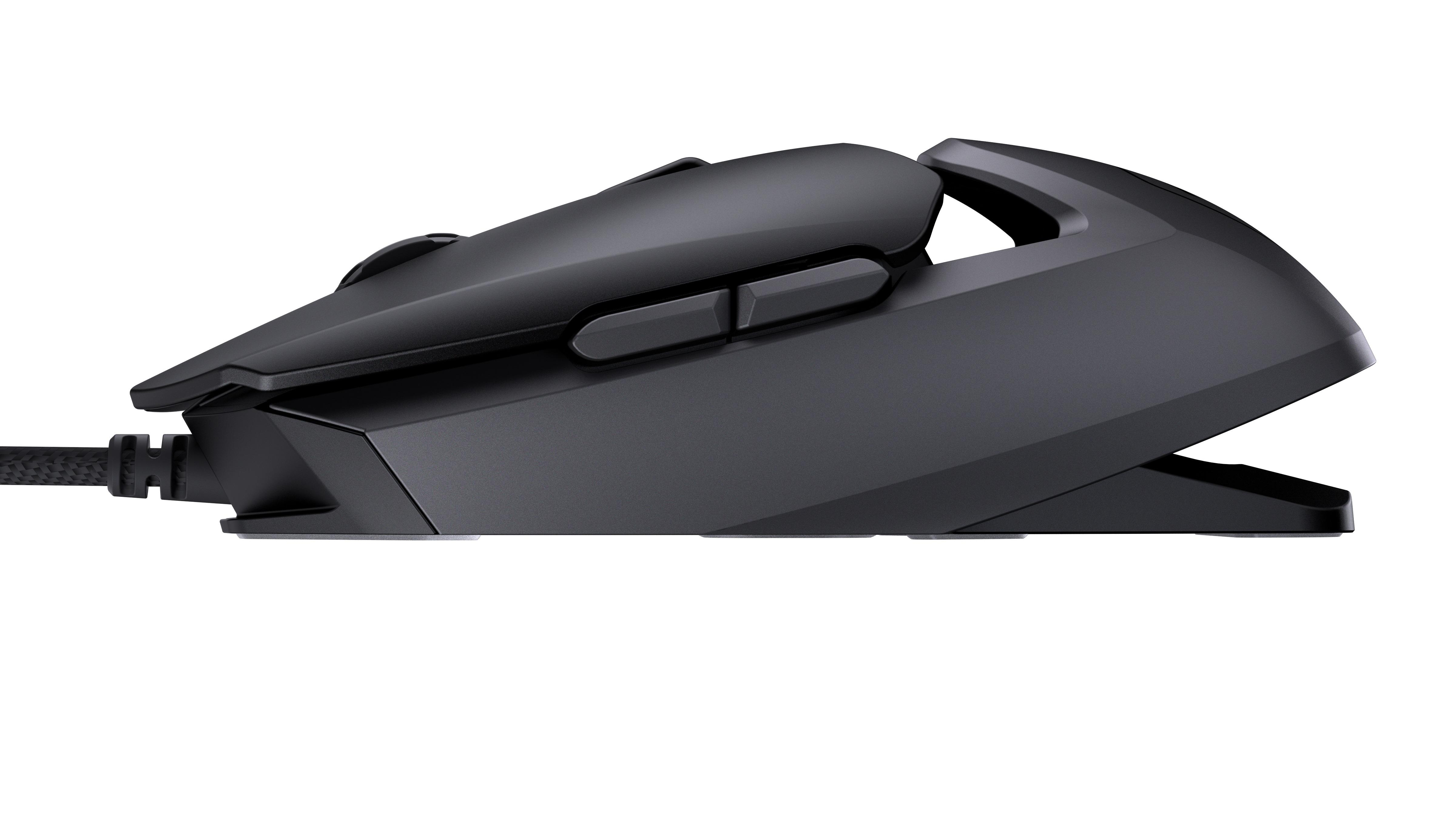 Schwarze Gaming-Maus mit Seitentasten und strukturiertem Kabel. Die Maus ist nach rechts abgewinkelt.