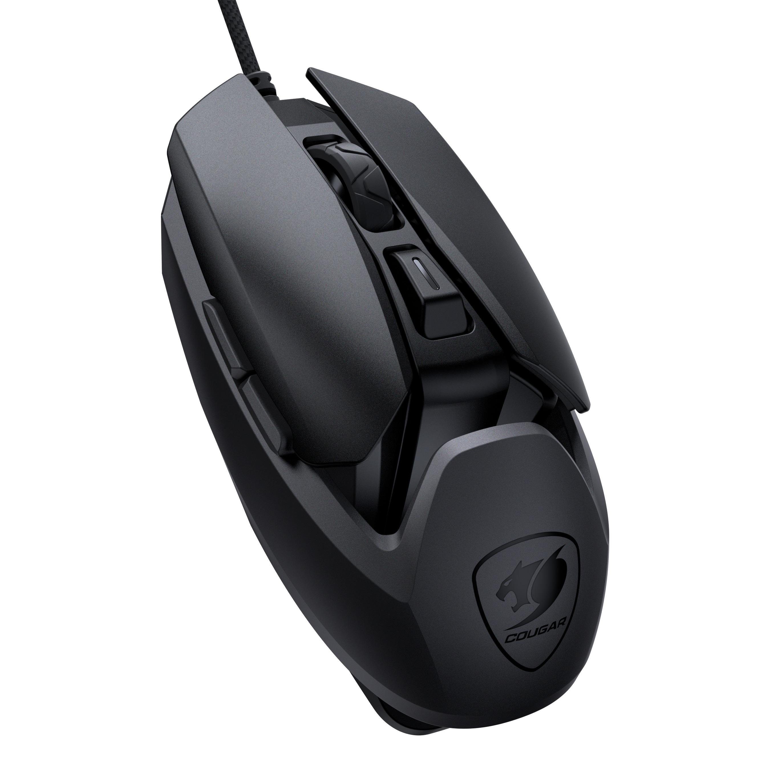 Schwarze Cougar Gaming-Maus mit mehreren Tasten und strukturierter Oberfläche auf weißem Hintergrund.