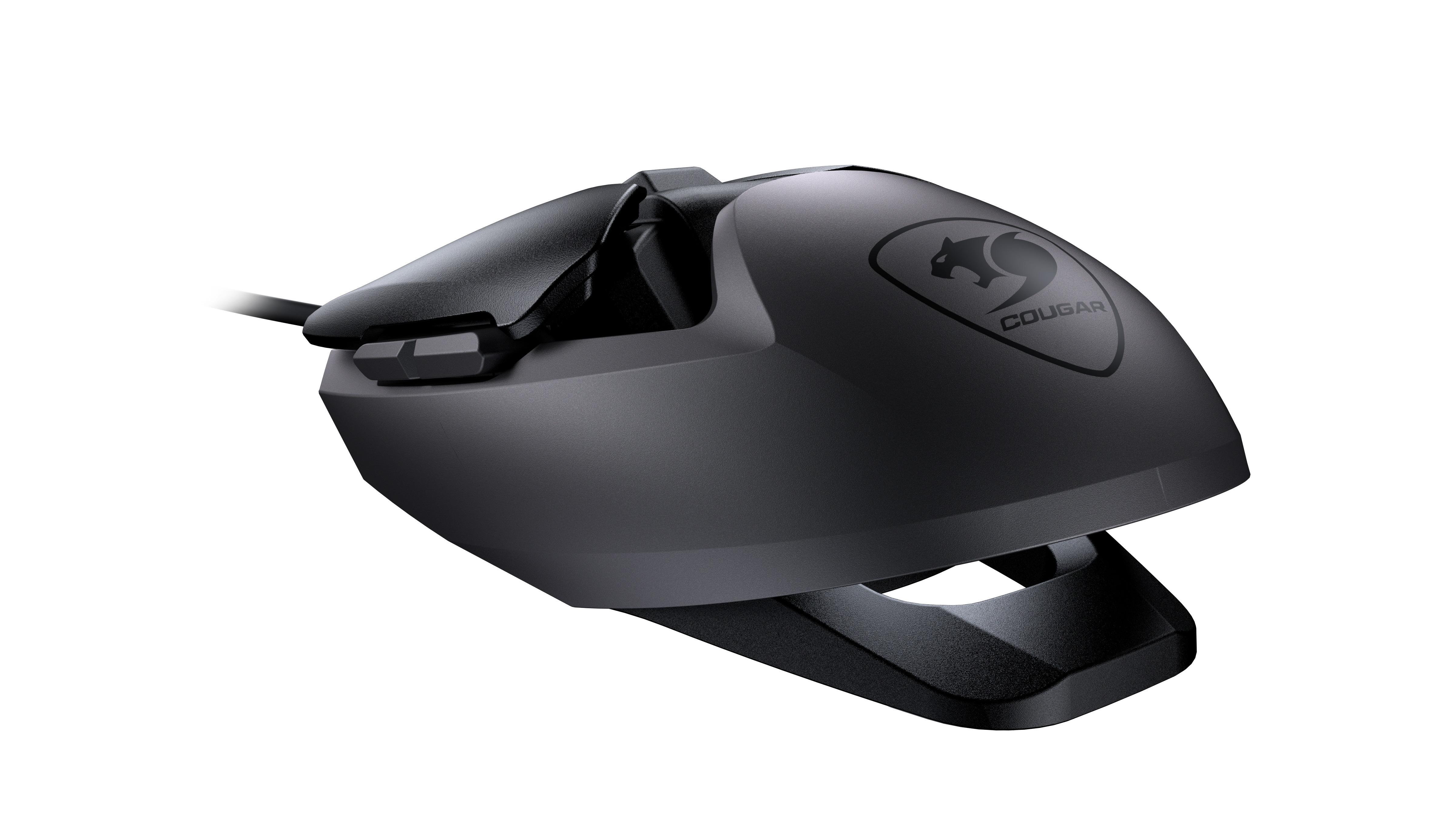 Schwarze Cougar Gaming-Maus. Die Maus hat ein Logo und ein geschwungenes Design.