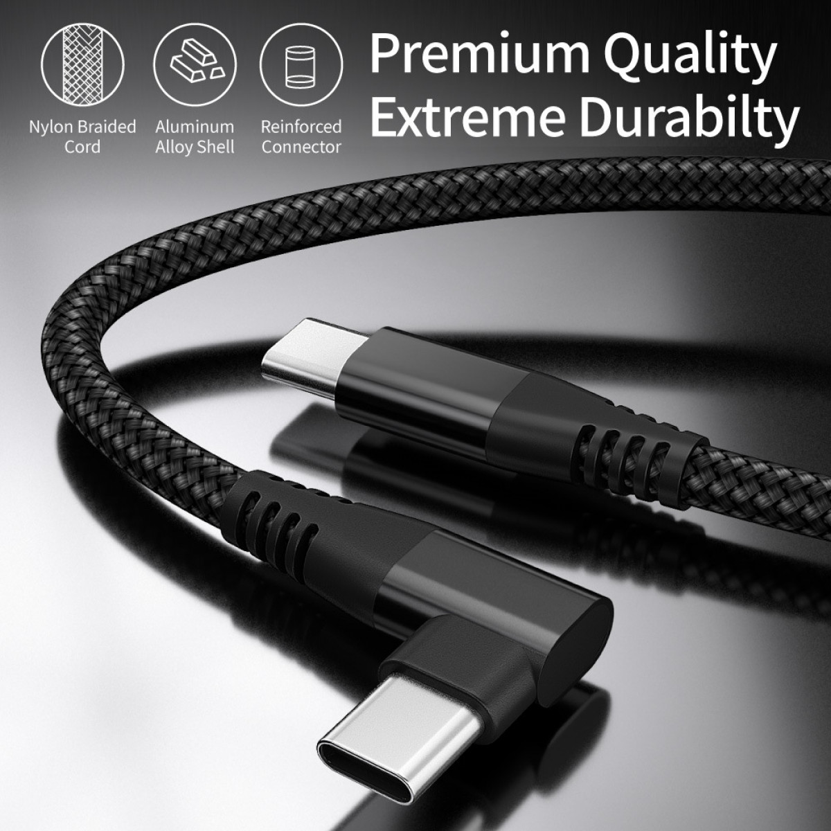 Nahaufnahme eines schwarzen geflochtenen Kabels mit USB-C-Anschlüssen. Text: Premium Qualität Extreme Haltbarkeit.