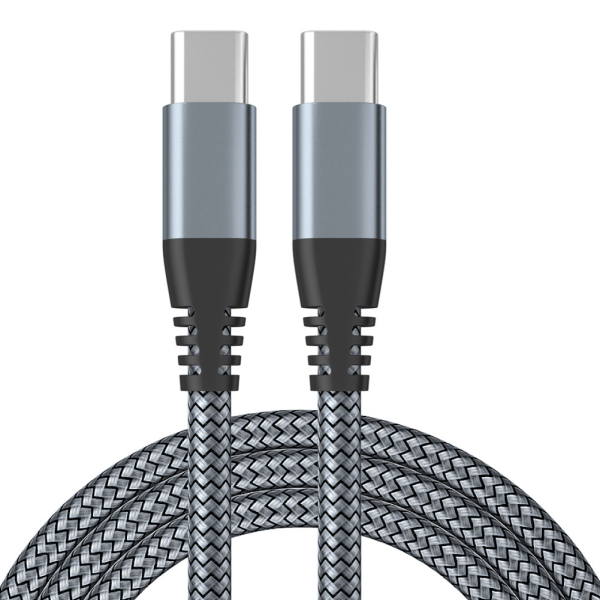 Due cavi USB-C. Cavo intrecciato grigio e nero. I connettori sono argentati.