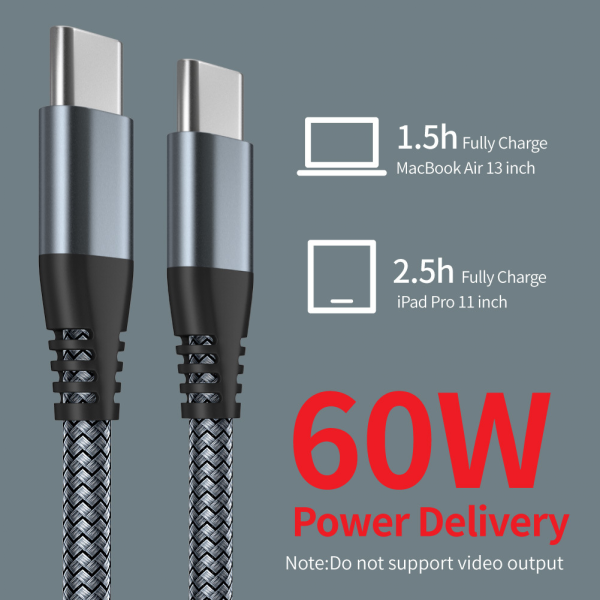 Zwei USB-C-Kabel mit Text über Ladezeiten für MacBook und iPad Pro.
