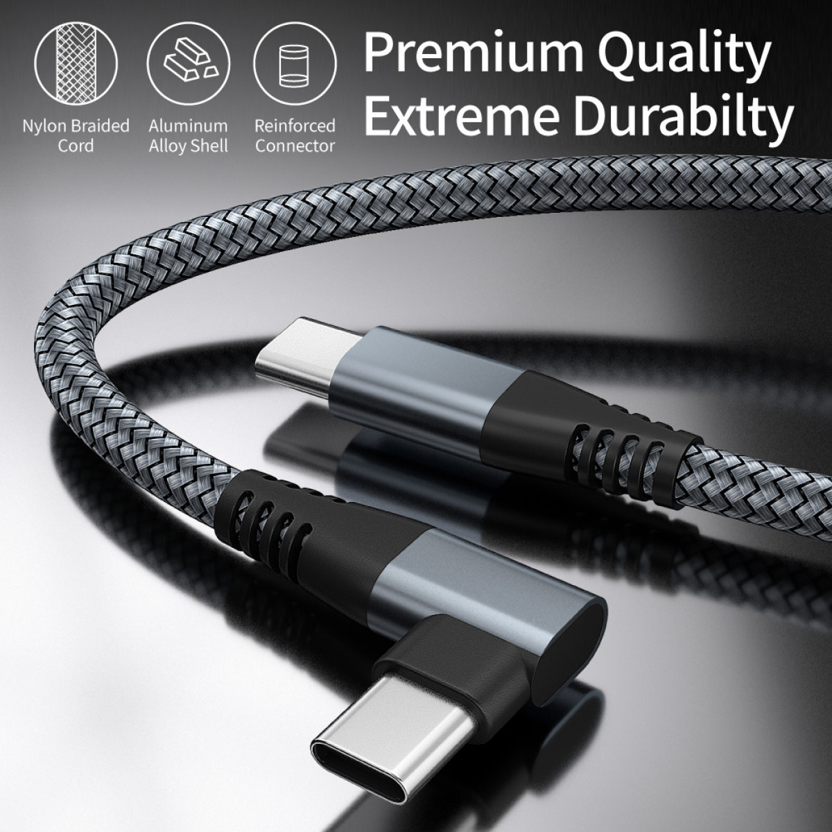 Braided USB-C cable with aluminum alloy shell and reinforced connector. Black and gray colors.