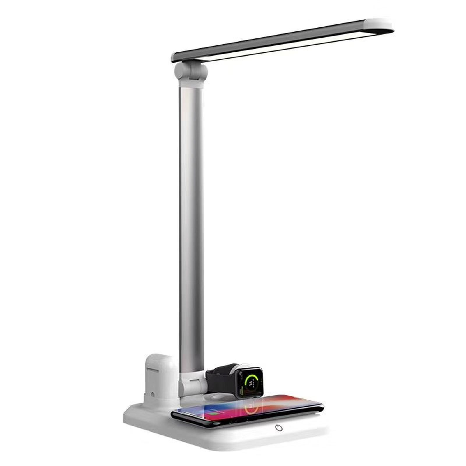 Schreibtischlampe, grauer Mast mit LED-Licht und kabelloser Ladestation.