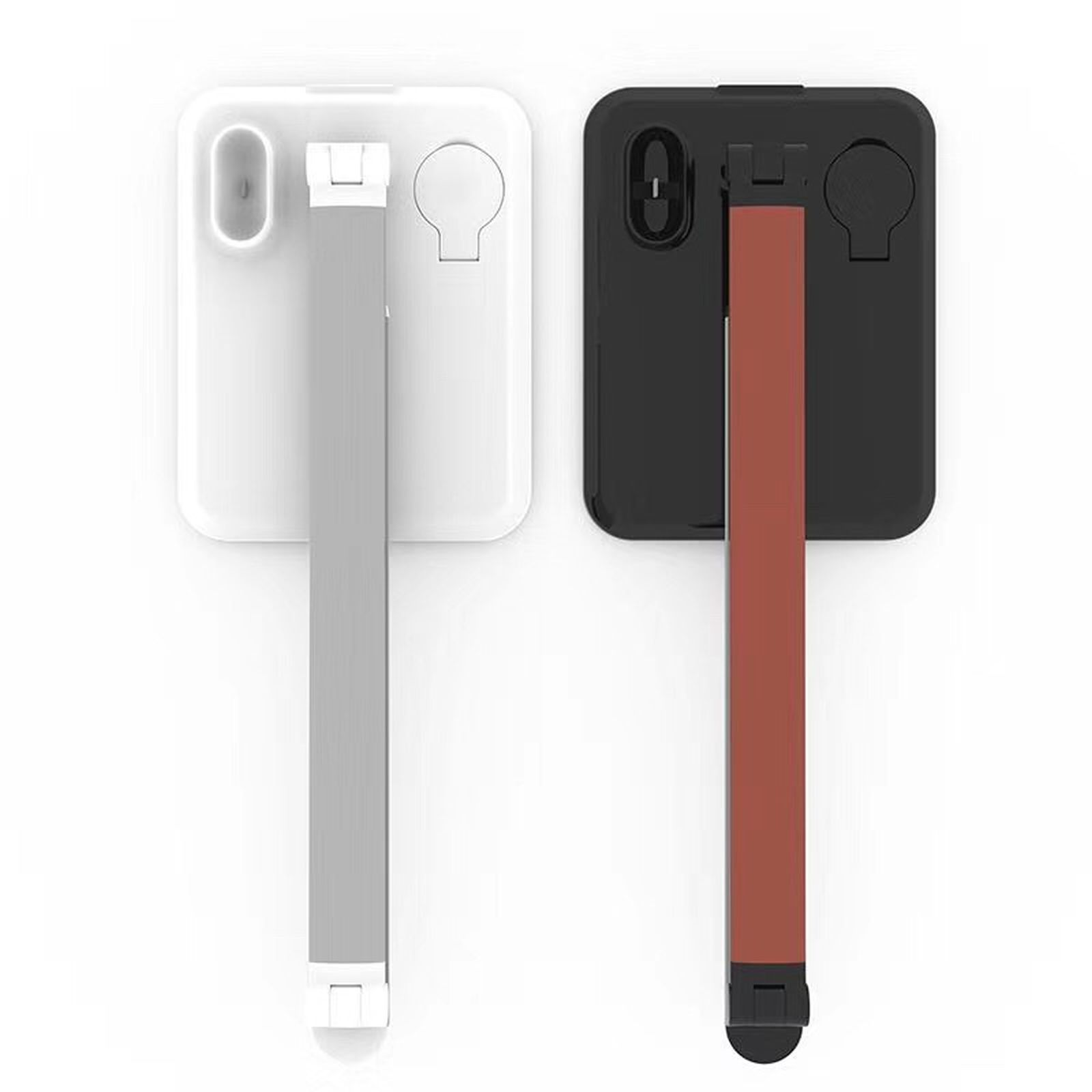 Zwei Telefonständer, einer weiß und einer schwarz, mit minimalistischem Design auf weißem Hintergrund.