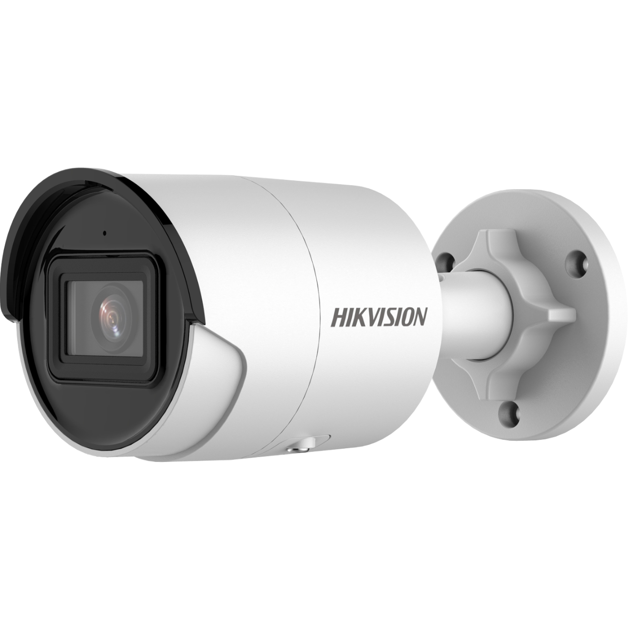 Una telecamera di sorveglianza Hikvision bianca con alloggiamento obiettivo nero e staffa di montaggio.