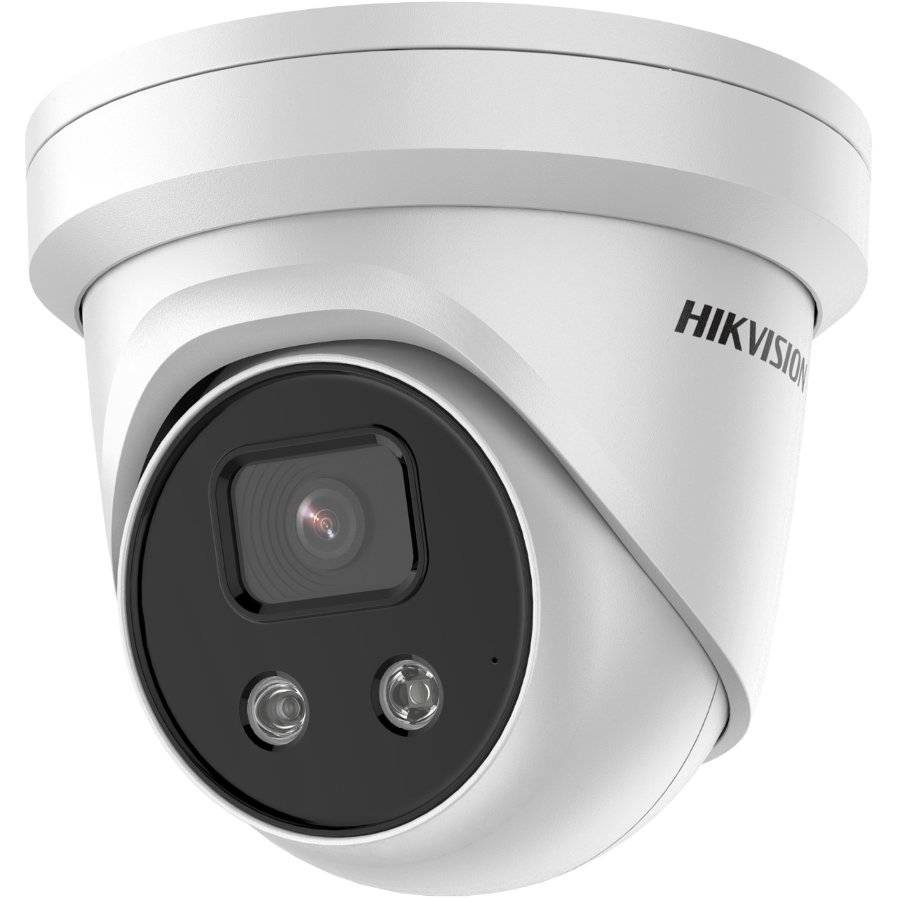 Una telecamera di sicurezza a cupola Hikvision bianca. Ha un obiettivo nero e due luci più piccole sotto. Il marchio è visibile.
