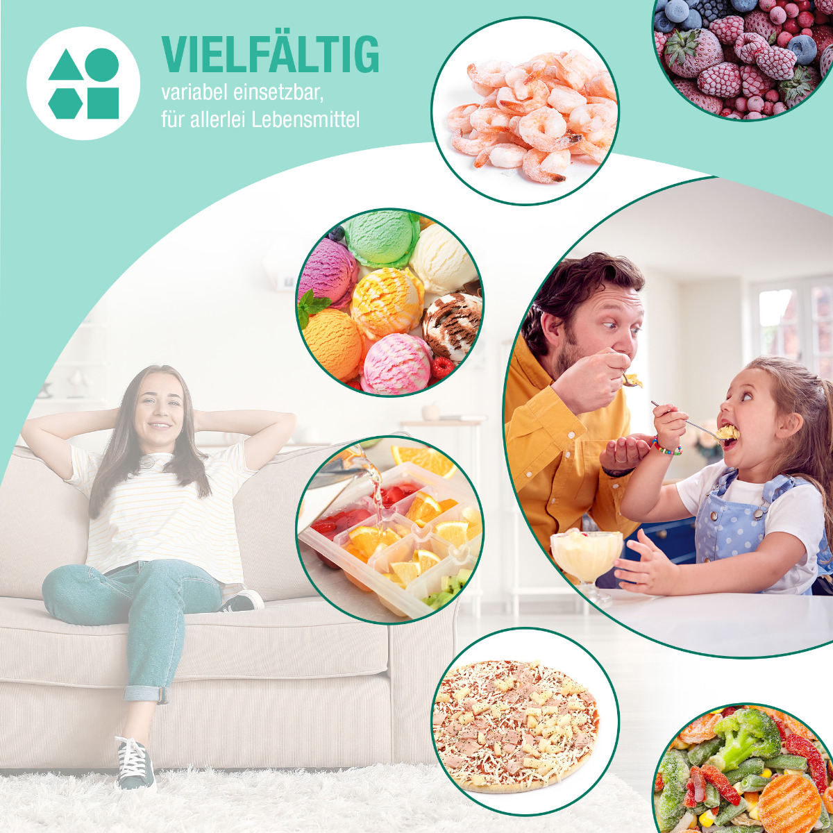 Eine Familie, die gemeinsam isst, mit verschiedenen Lebensmitteln. Text darüber sagt 'vielfältig'.