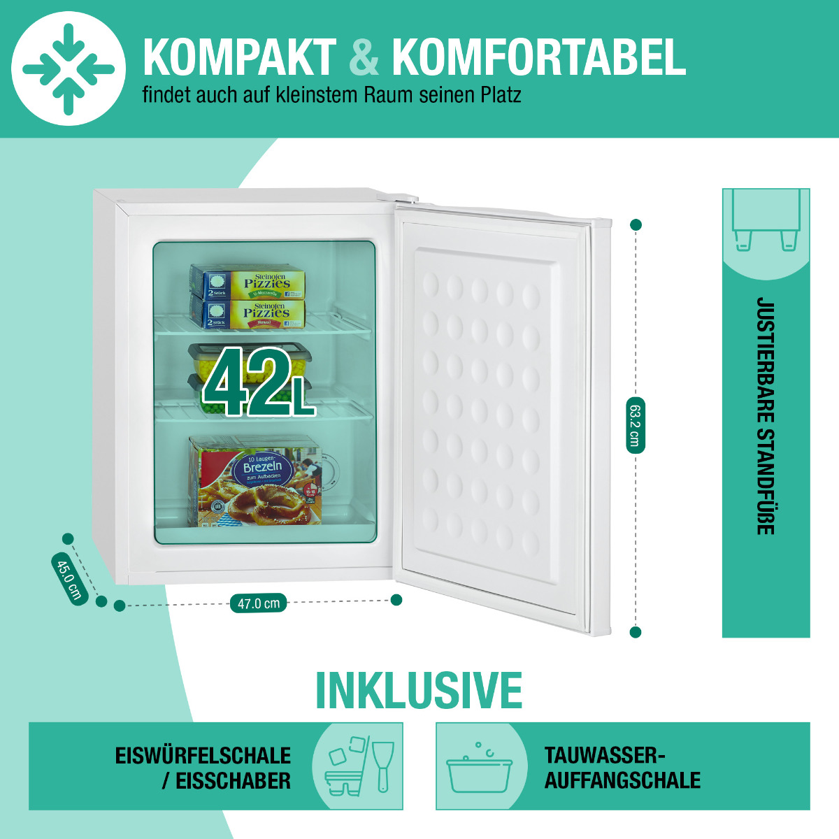Weißer Minikühlschrank, Tür offen, zeigt die Gegenstände im Inneren. Abmessungen angezeigt.