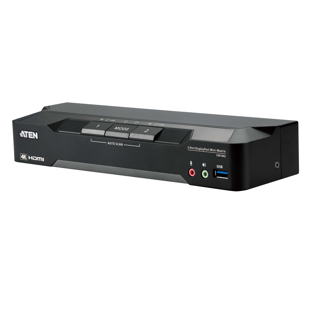 Schwarzer ATEN 4K HDMI-Switch mit mehreren Anschlüssen und Tasten, isoliert auf weißem Hintergrund.