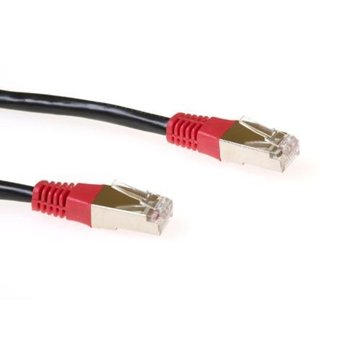 Two black Ethernet cables with red and silver connectors are shown against a white background.