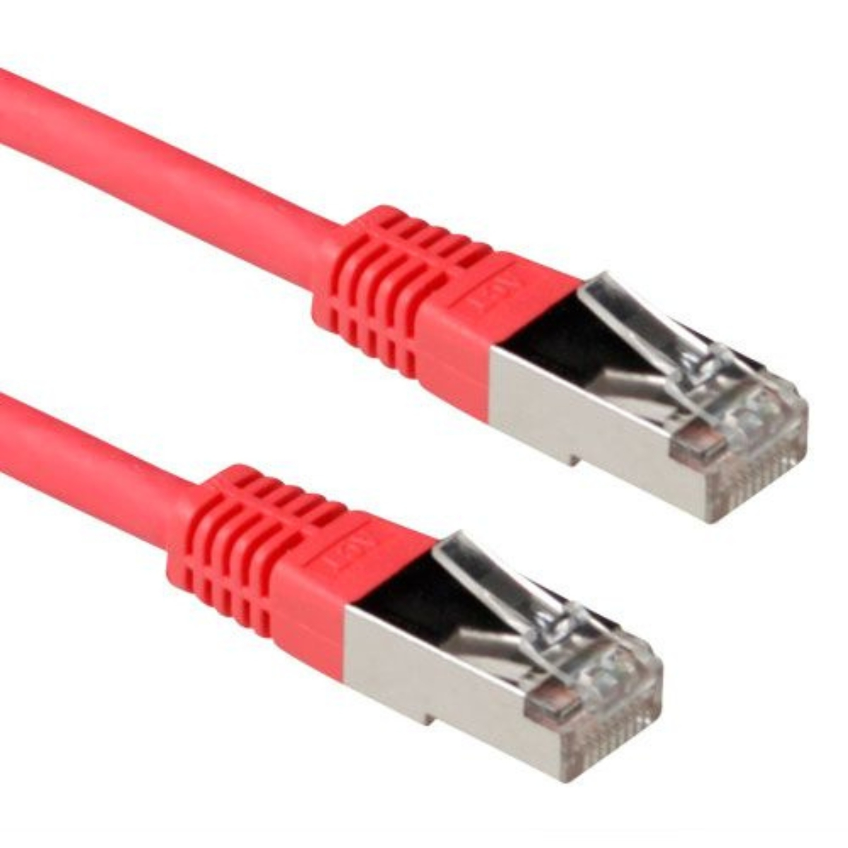 Two red Ethernet cables with silver connectors. Cables are side-by-side on a white background.