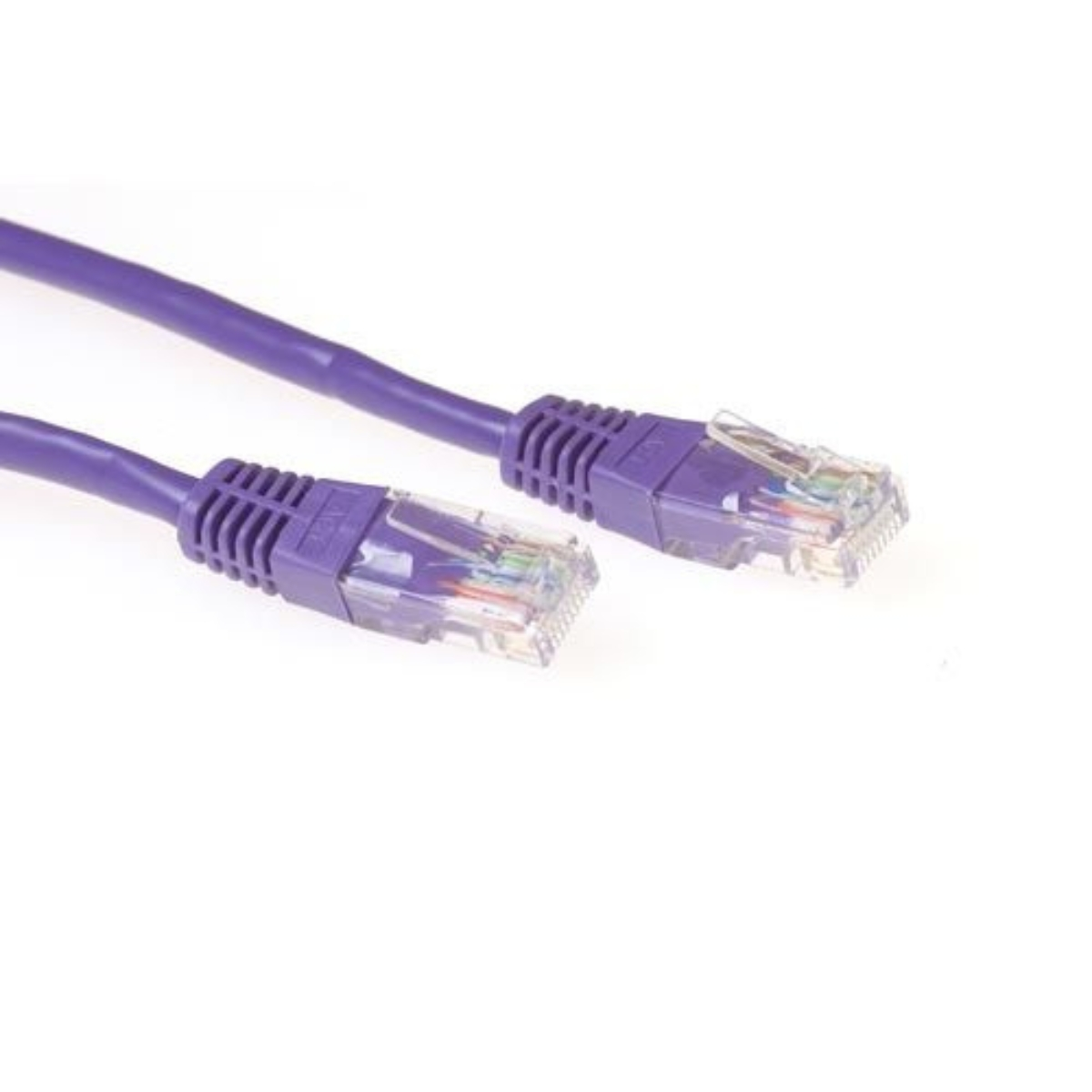 Two purple network cables with transparent connectors on a white background.