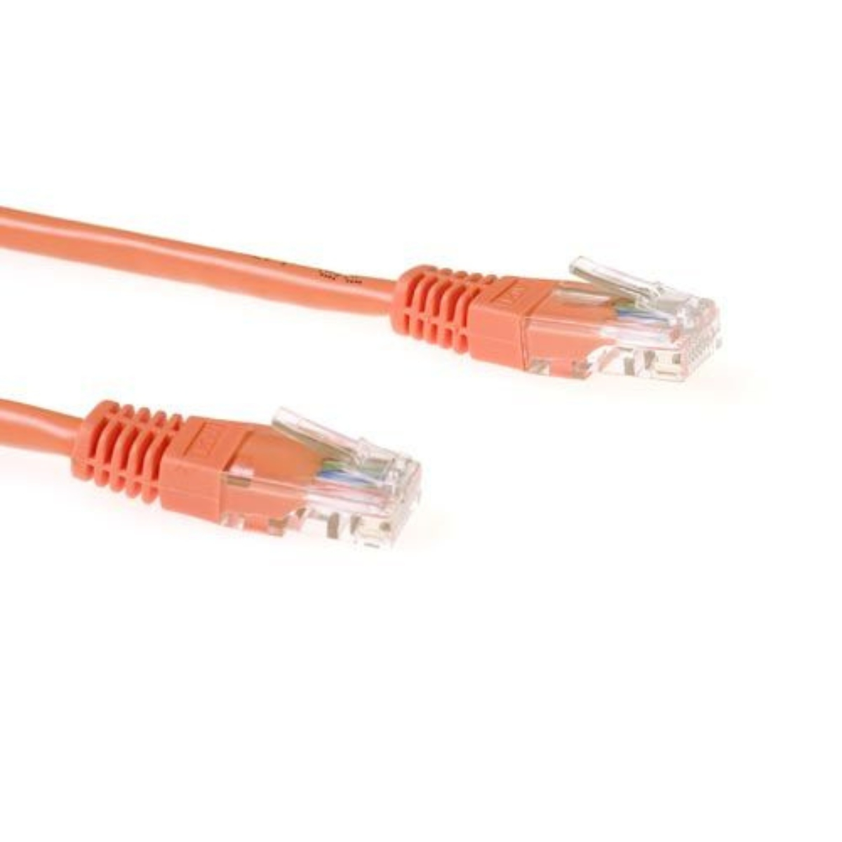 Two orange Ethernet cables with clear connectors. White background.