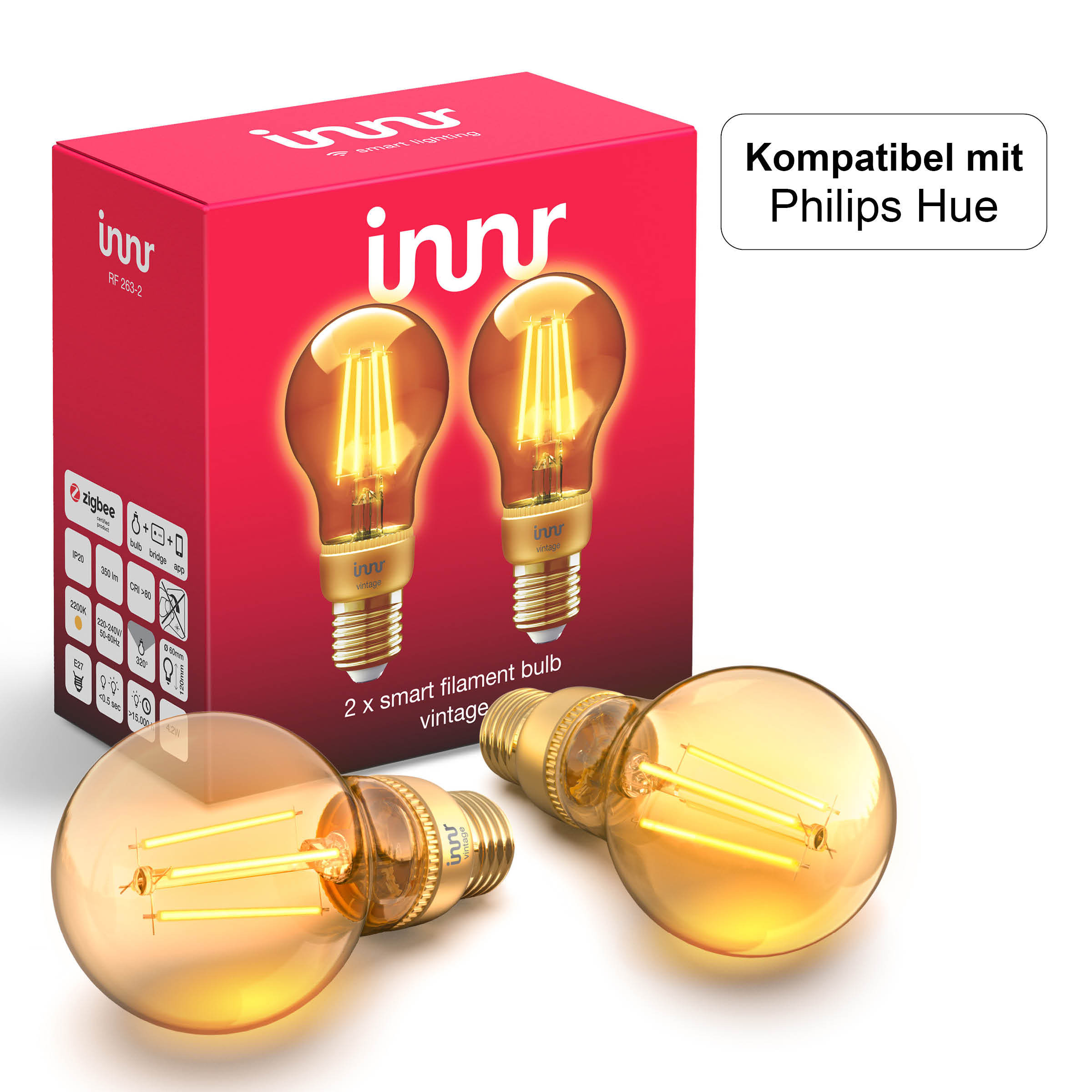 Bulb, Zigbee Filament Philips LED Alexa, Hue 263-2 LED, RF Kompatibel Smart 2200K Lampe INNR 2-pack mit Vintage &