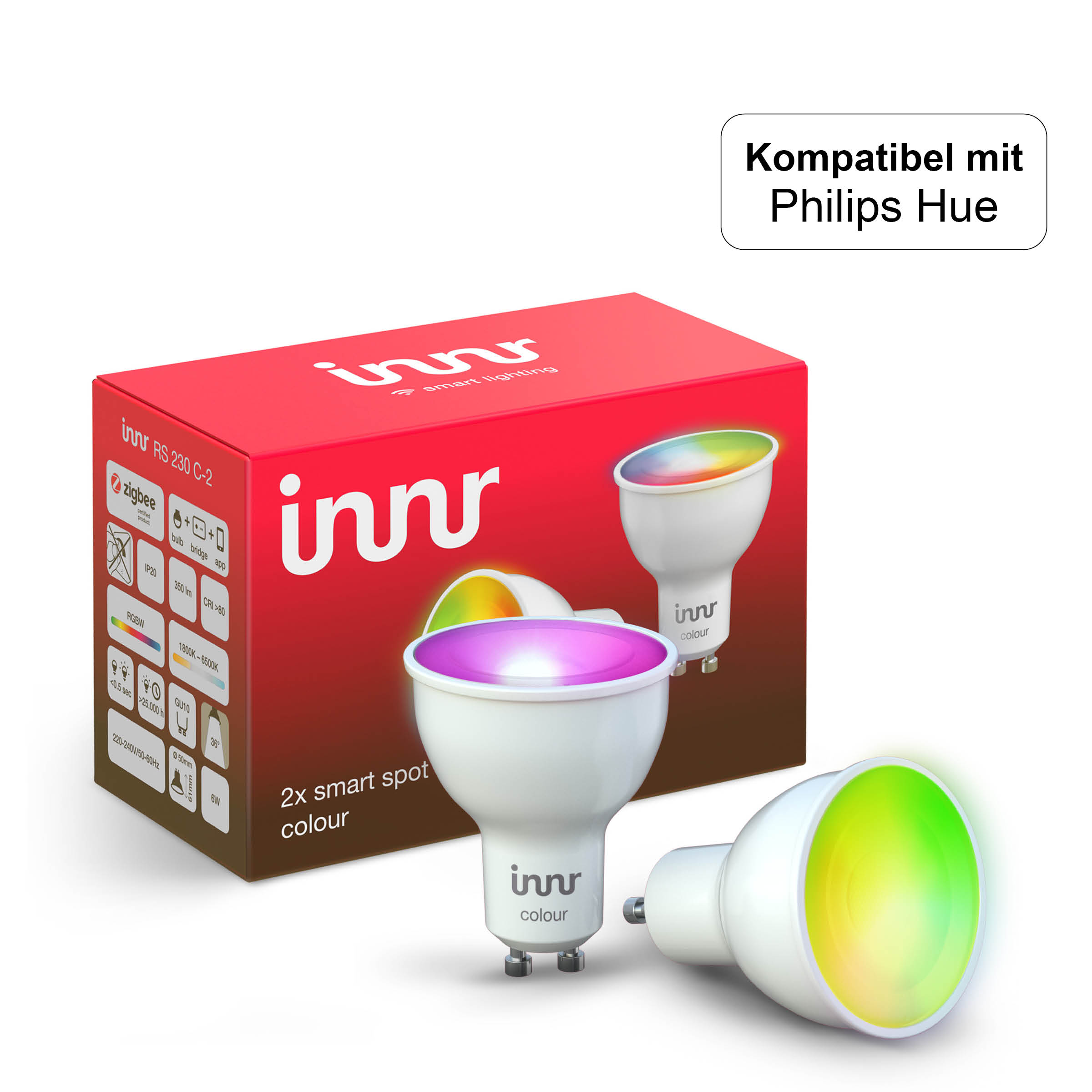 INNR Zigbee GU10 mit LED, LED white Alexa, Smart RGBW, 1800K-6500K Kompatibel & + 230 RGB C-2 Philips Lampe 2-pack, Hue RS