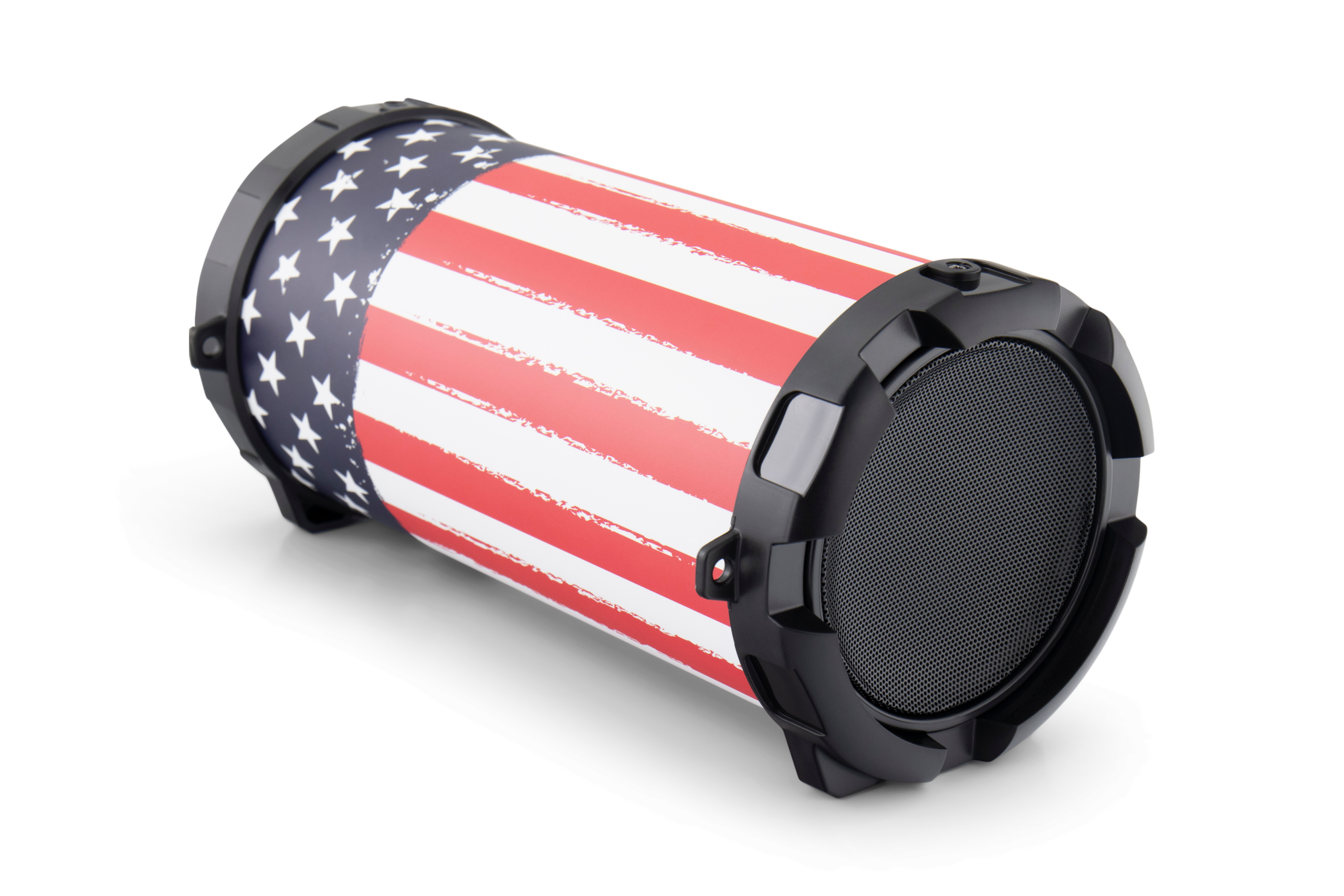 Haut-parleur cylindrique avec un motif de drapeau américain. Grilles de haut-parleur noires aux deux extrémités.
