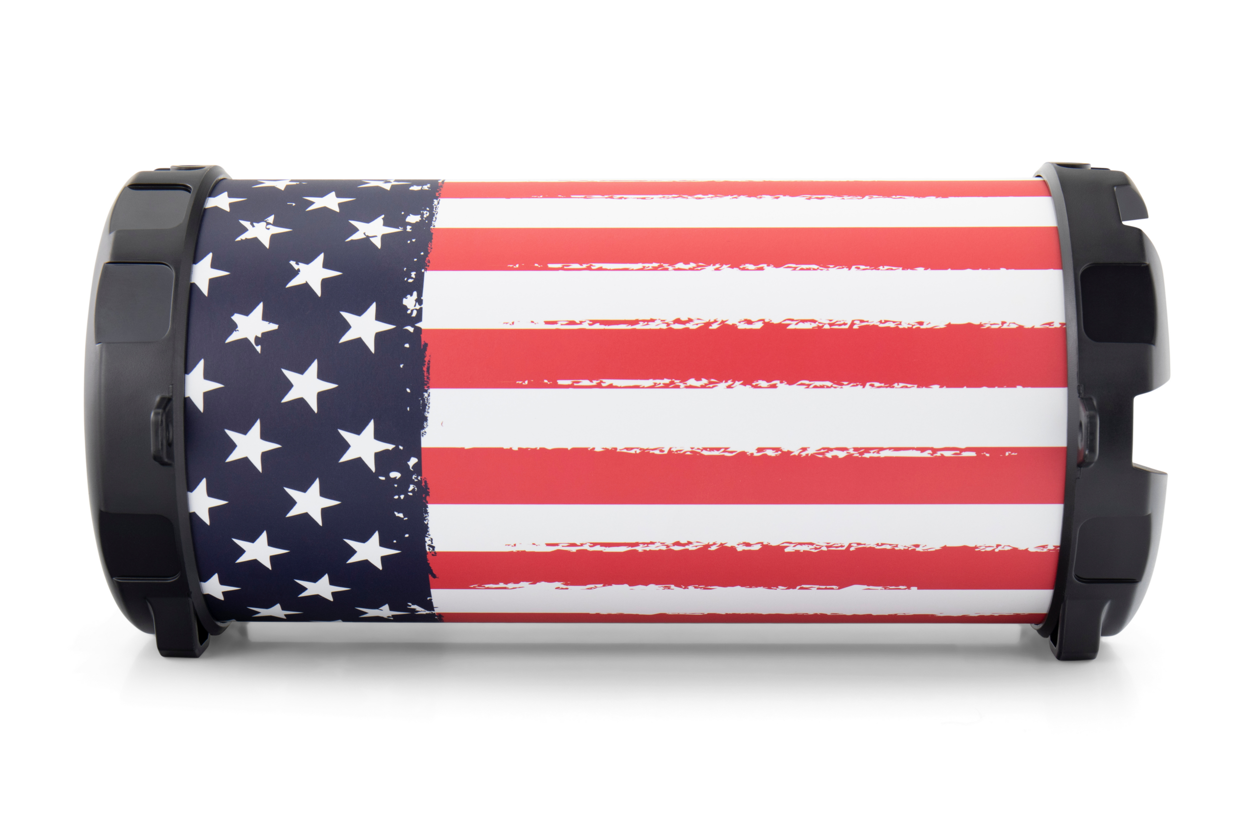 Un haut-parleur cylindrique avec un motif de drapeau américain. Embouts noirs, fond blanc.