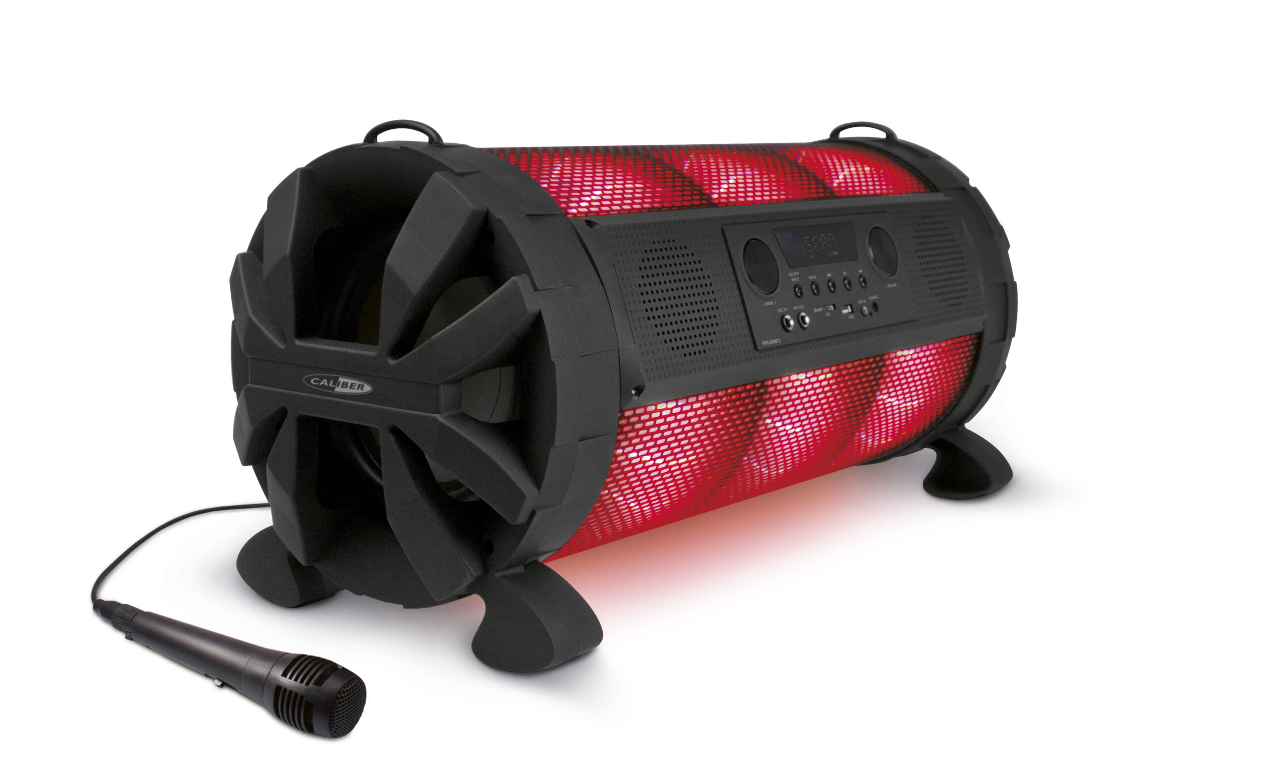 A black speaker with red lights inside and a microphone. It is on a white surface.