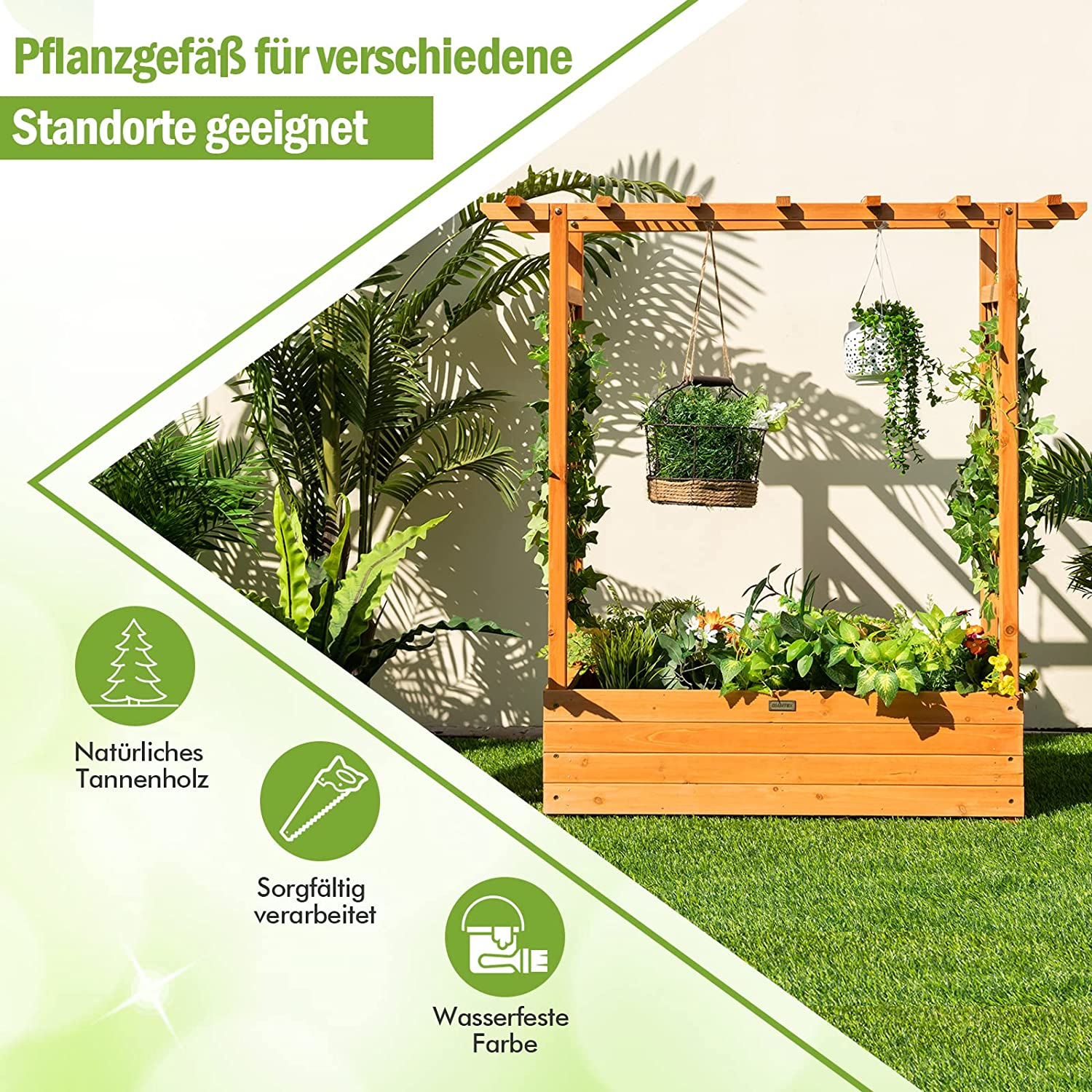 Holzpflanzer mit Pflanzen. Grüner Gras Hintergrund. Infografiken: Naturholz, sorgfältig verarbeitet, wasserfeste Farbe.