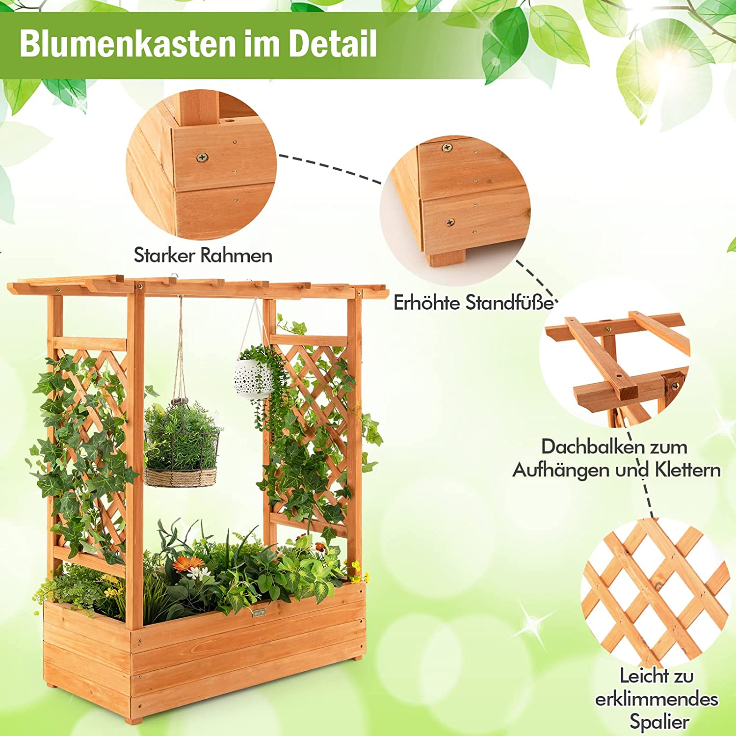 Detaillierte Ansicht einer hölzernen Gartenbox mit Spalier. Sie hat einen starken Rahmen.