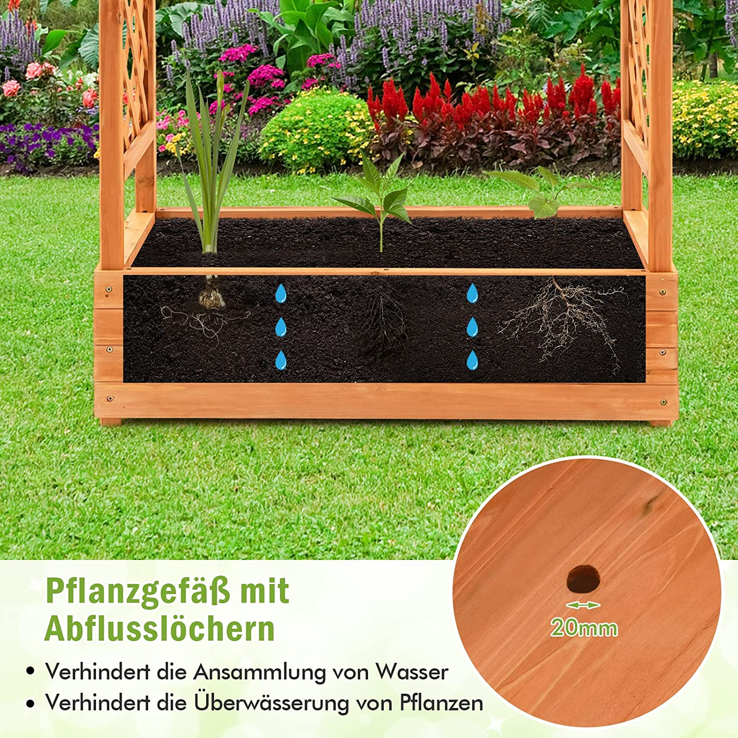 Holzpflanzgefäß mit Pflanzen und Wassertropfen. Grüner Gras-Hintergrund. Text zur Wasserverhinderung.