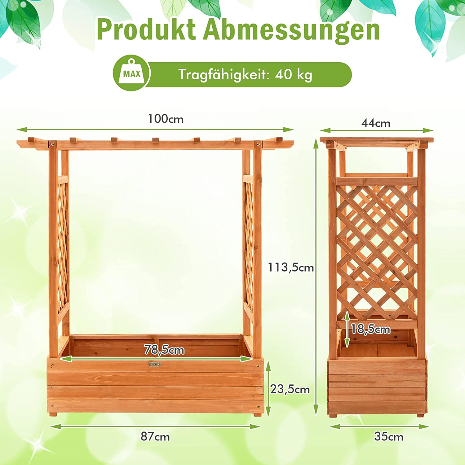Gartenpflanzer aus Holz mit beschrifteten Abmessungen. Es hat ein Gitter und eine Pflanzkasten.