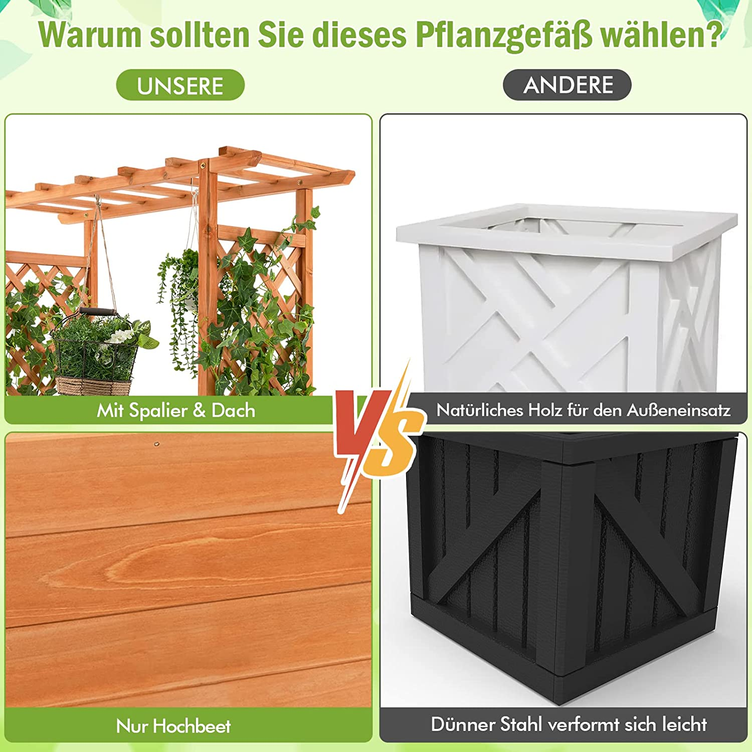Vergleich von zwei Pflanzgefäßen: eins mit Spalier, das andere eine einfache Holzkiste. Beide auf grünem Grund.