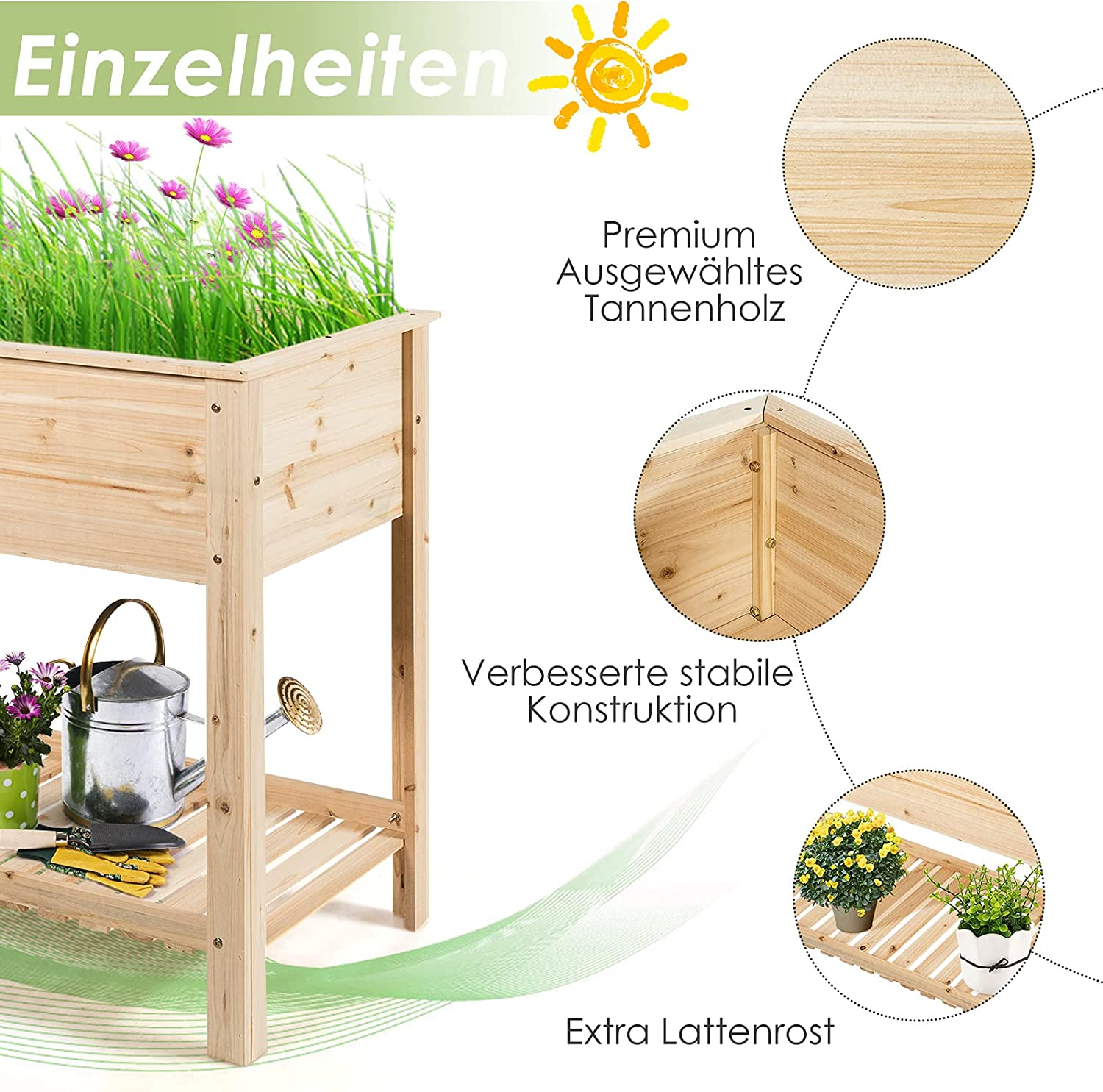 Ein Holzpflanzer mit Gras und Blumen. Daneben stehen Regale und eine Gießkanne.