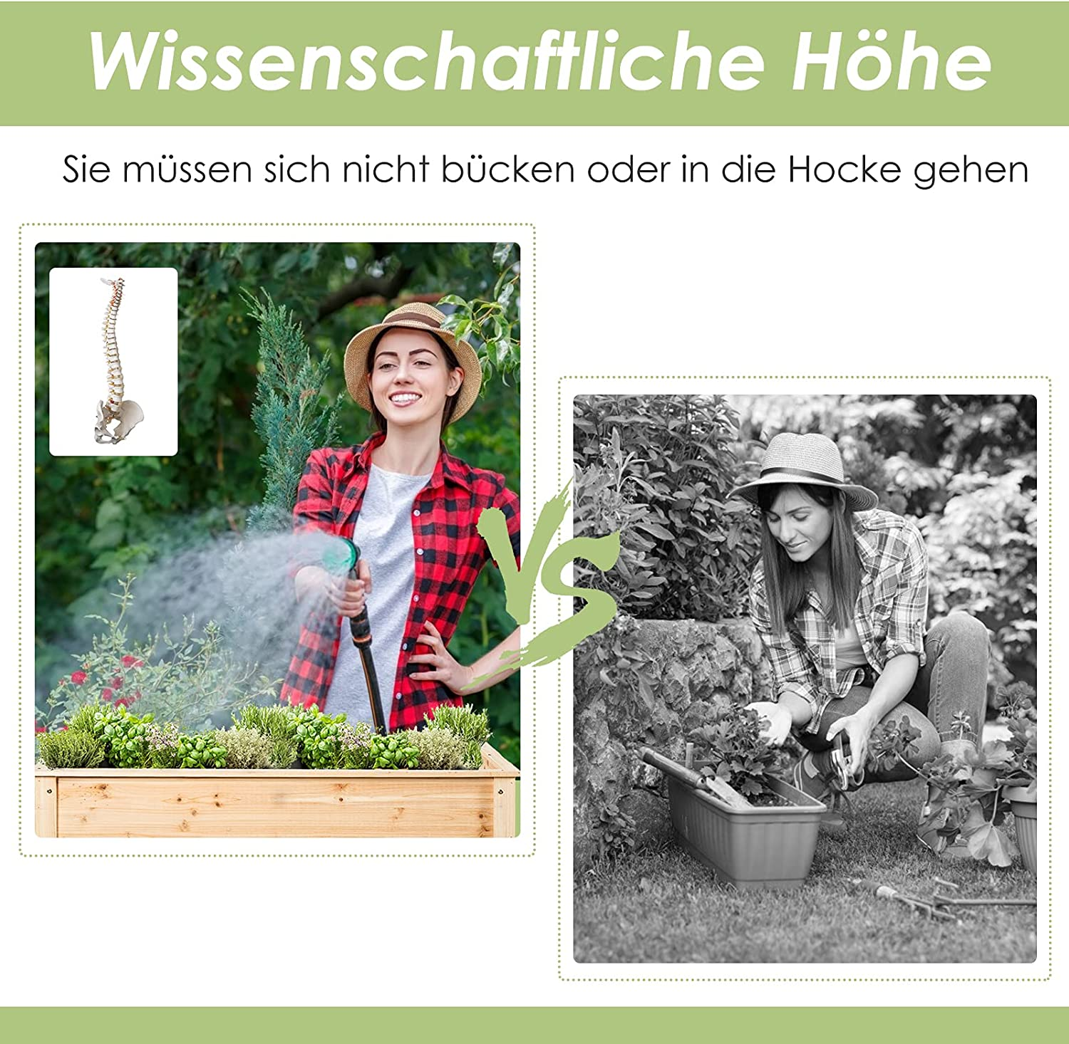 Frau beim Gießen von Pflanzen in einem Holzpflanzer vs. Frau beim Gärtnern. Text auf Deutsch.