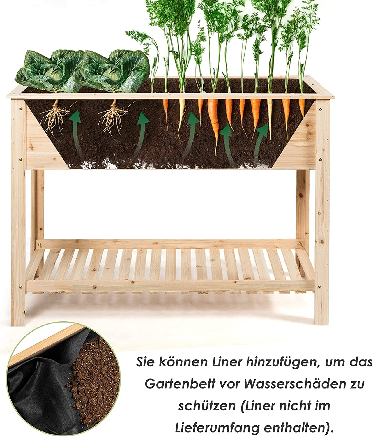 Erhöhtes Beet mit Karotten und Kohl. Text auf Deutsch.