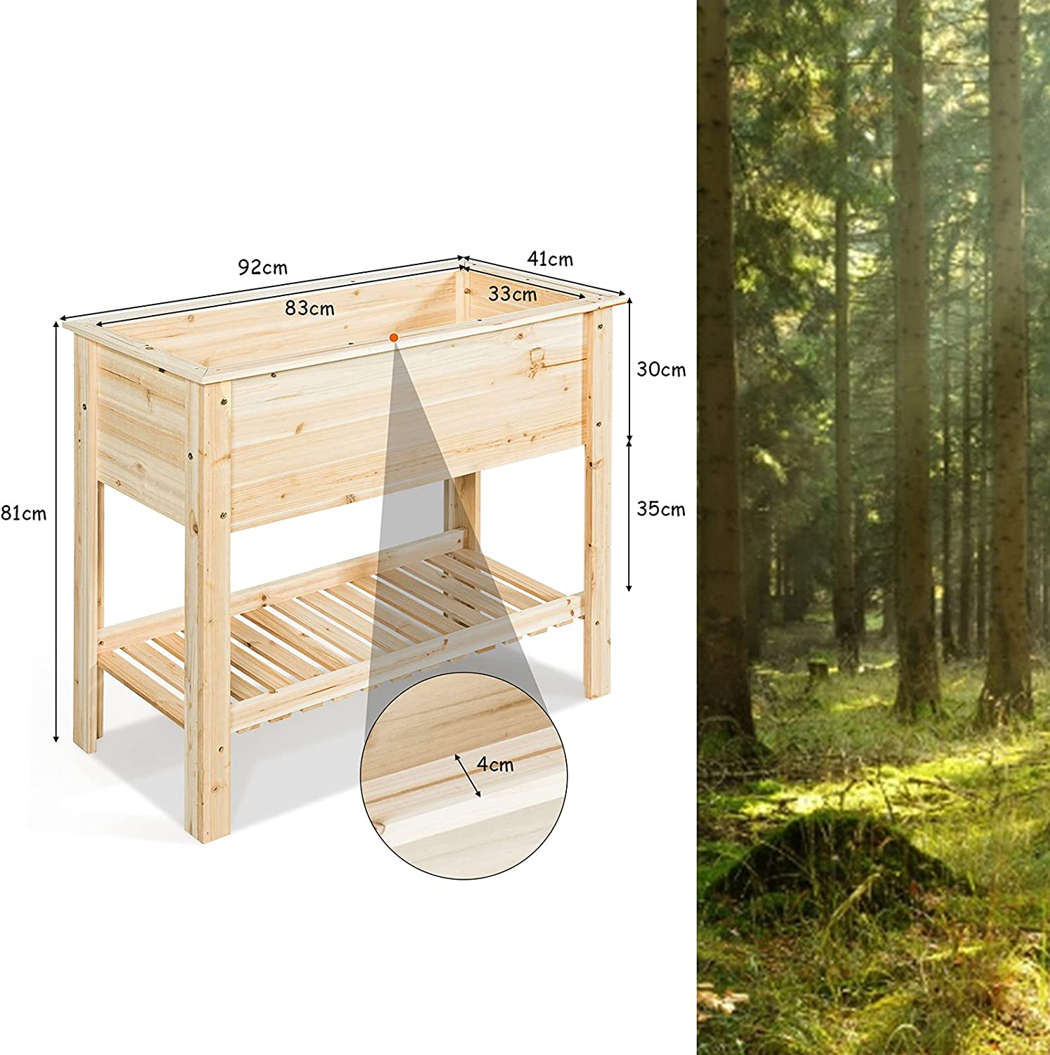 Holz-Gartenpflanzer mit Maßen, neben einer Waldszene mit hohen Bäumen.