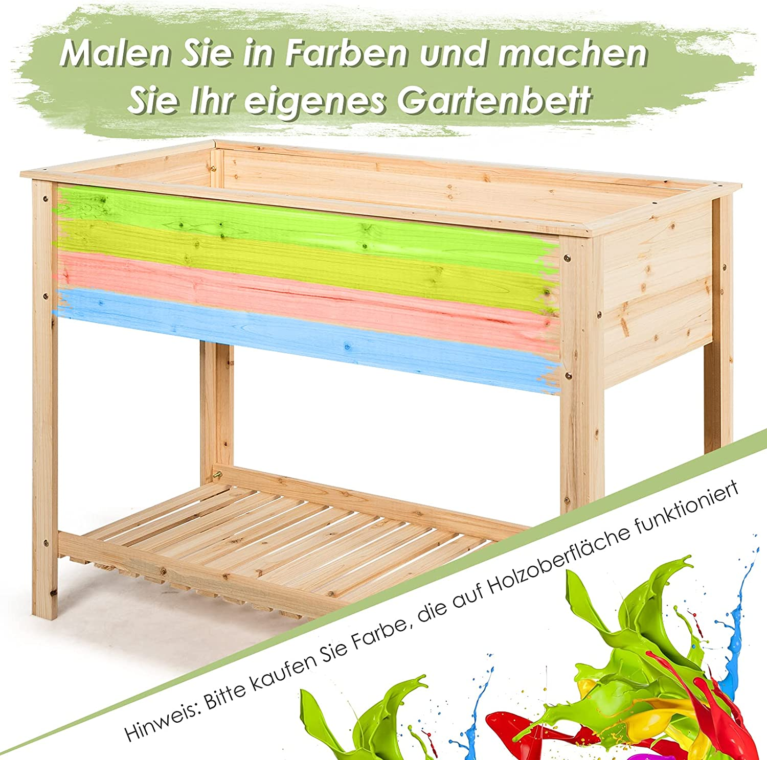 Eine hölzerne Pflanzkasten mit bunten Streifen bemalt, mit Text und Farbspritzern.