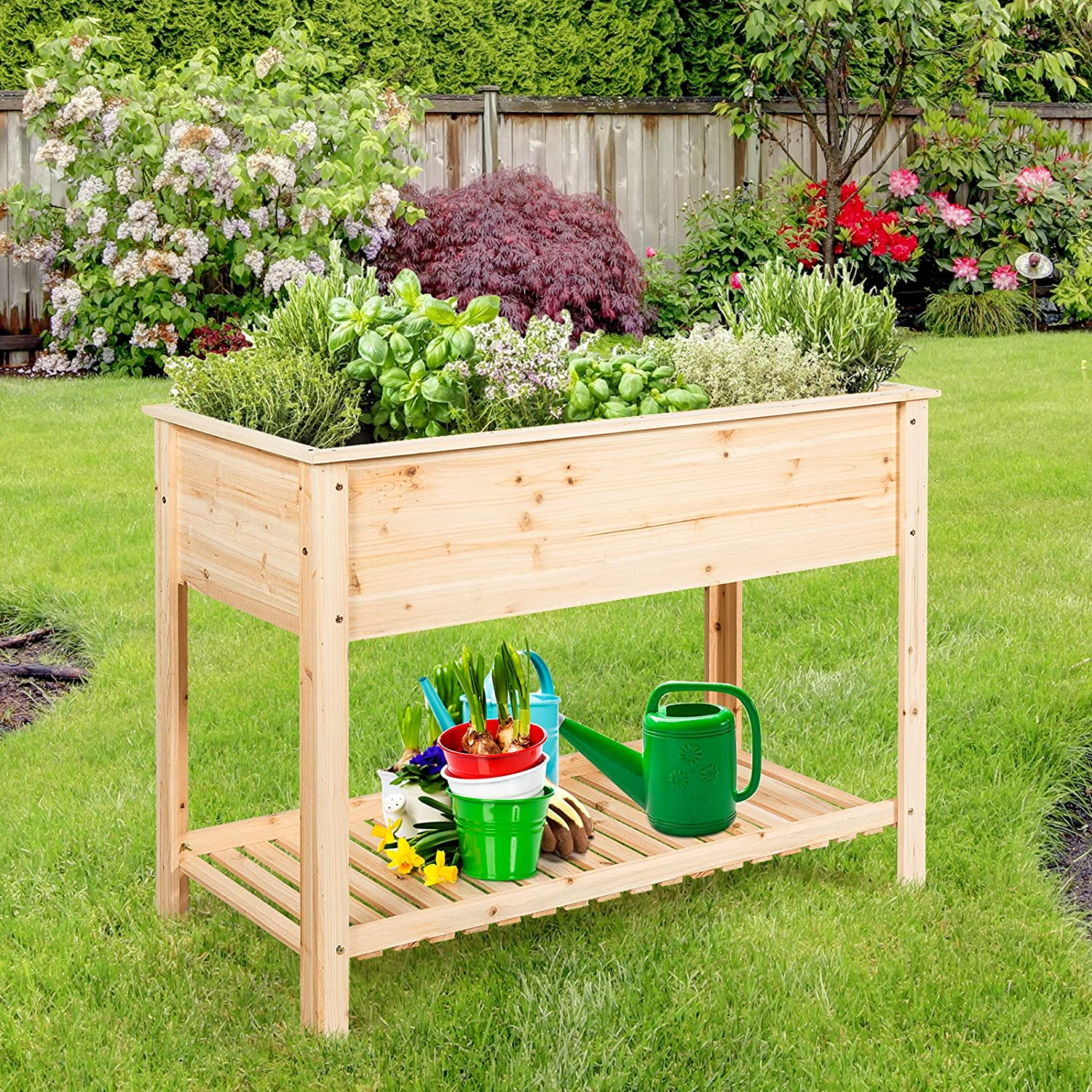 Erhöhtes Gartenbeet aus Holz mit Pflanzen auf grünem Rasen. Grüne Gießkanne.