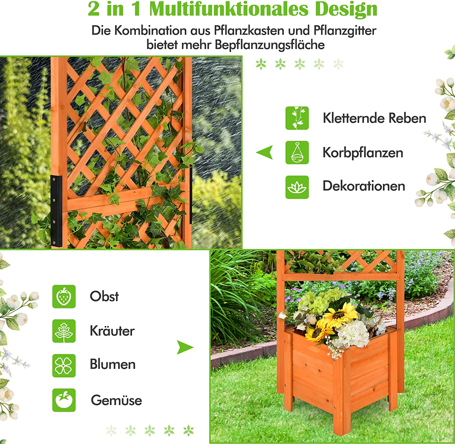 Ein hölzernes Gartengitter mit Pflanzen und ein Pflanzkasten mit Blumen und Vegetation.
