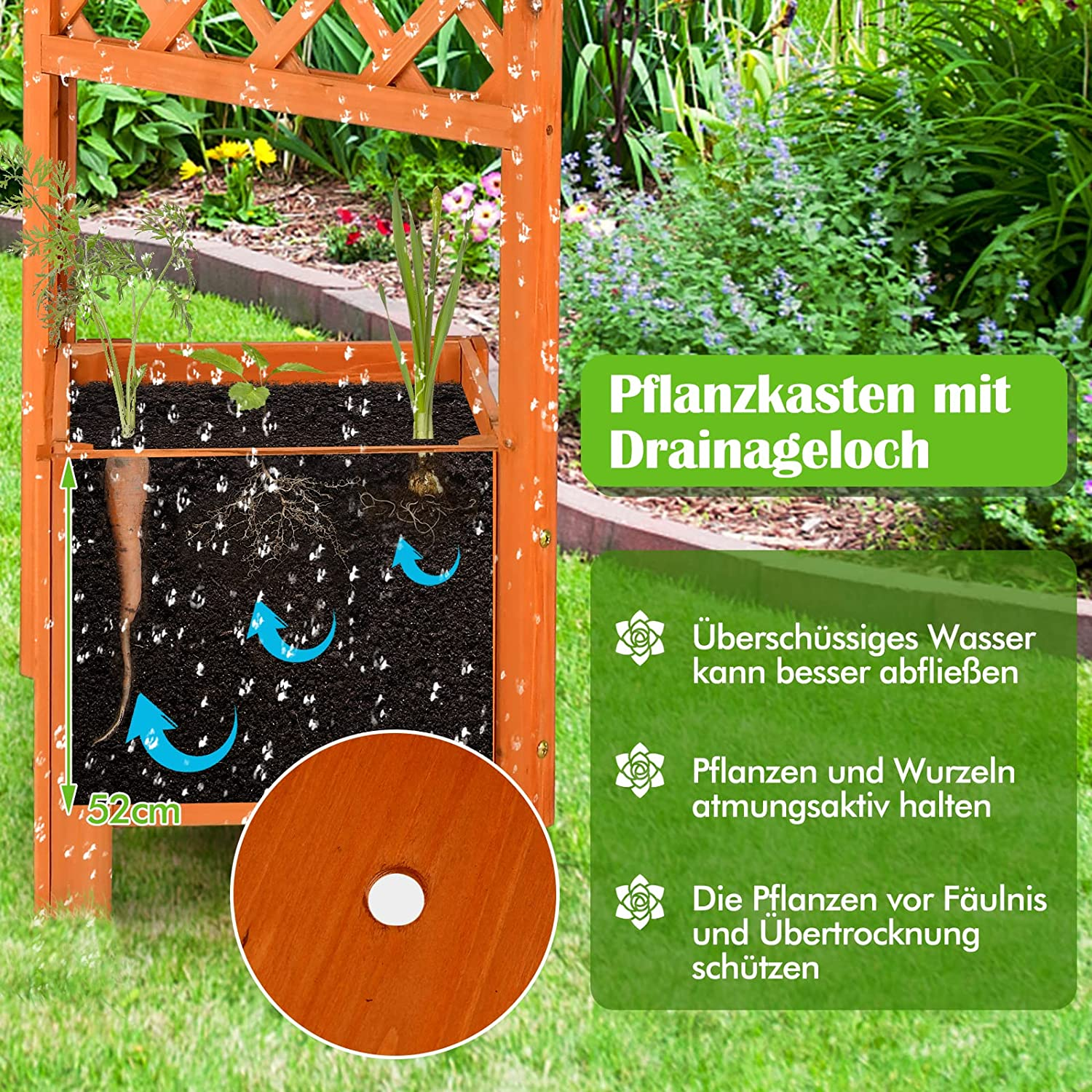 Ein Holzpflanzer mit Pflanzen. Diagramm zeigt Wasserfluss und Text zur Pflanzenpflege. Sonniger Hintergrund.