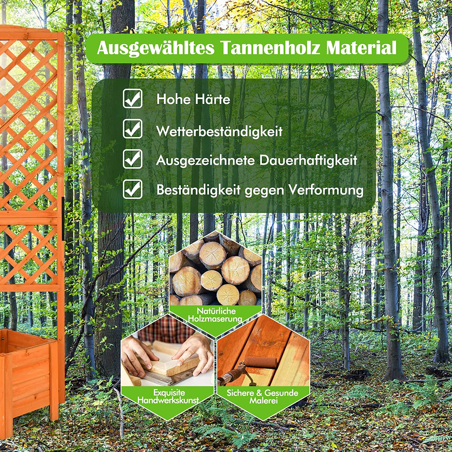 Eine hölzerne Gartenbox mit Spalier und Text, der ihre Eigenschaften auflistet: hohe Härte, Witterungsbeständigkeit.