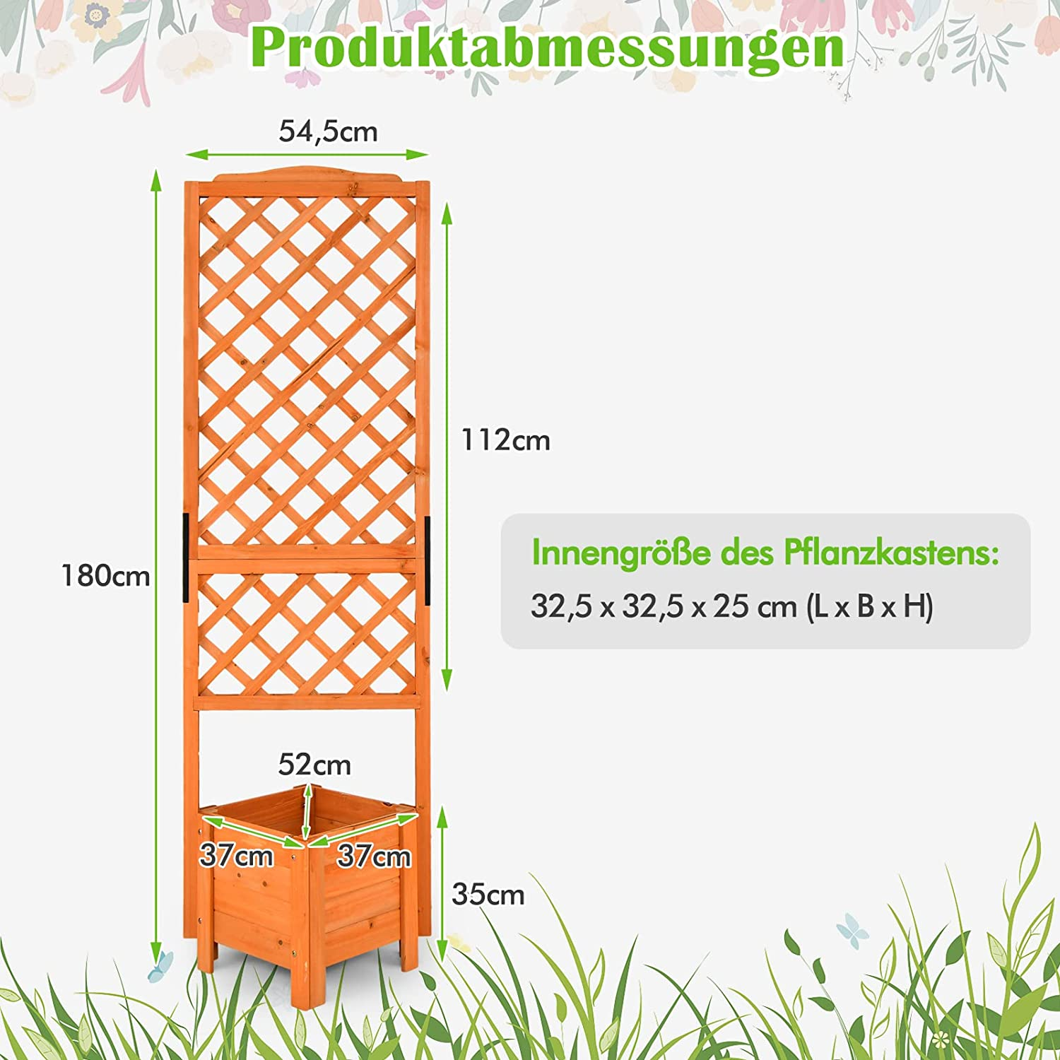 Pflanzkasten aus Holz mit Abmessungen und einem grünen Hintergrund mit Pflanzen.