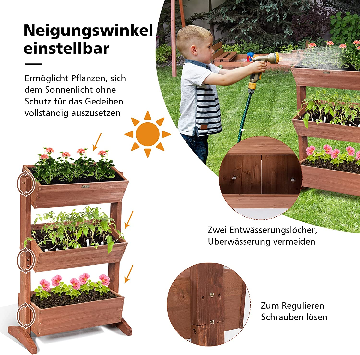 Ein Holzpflanzenständer mit drei Ebenen, jede mit Pflanzen. Im Hintergrund gießt ein Junge Pflanzen.