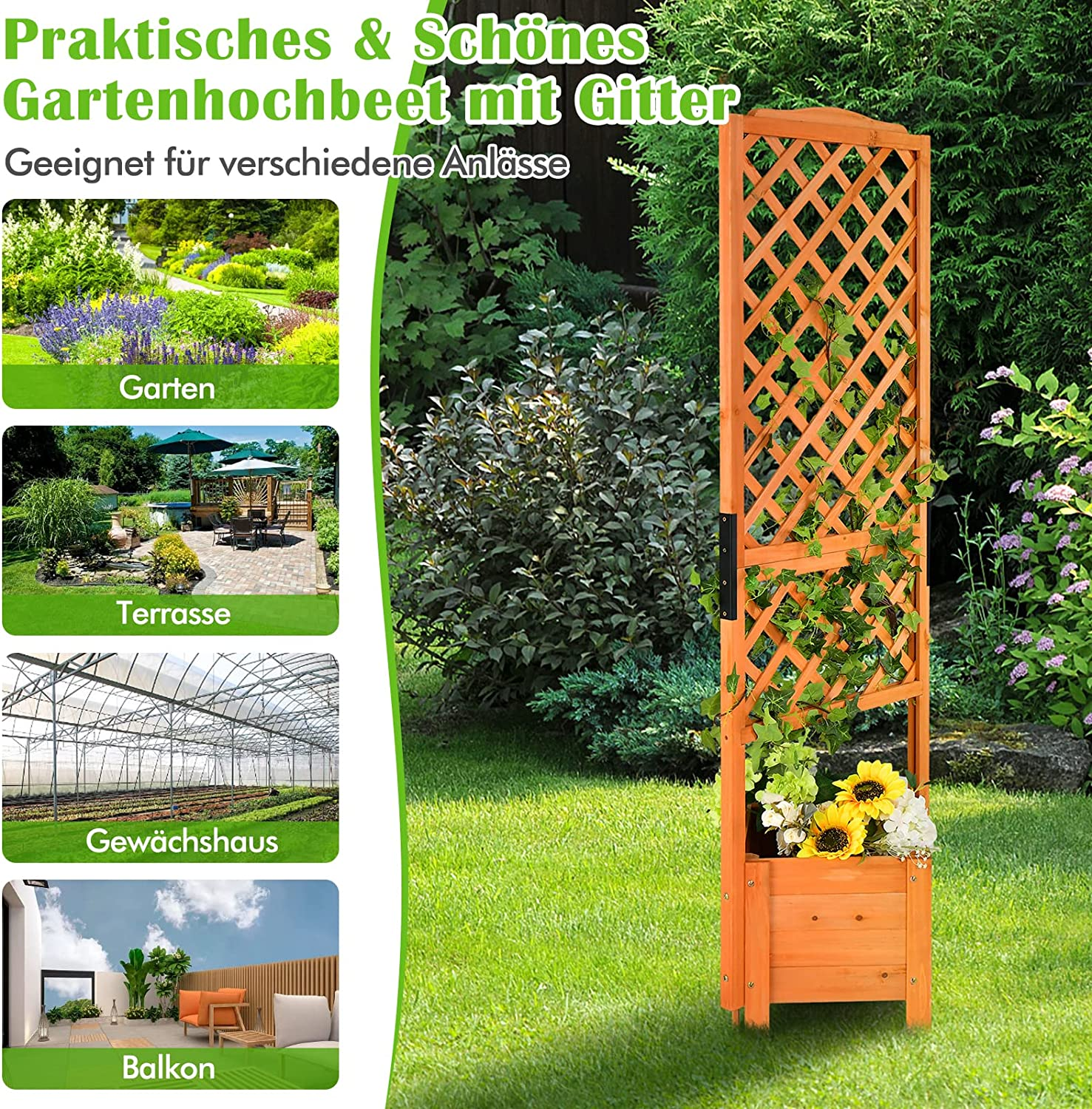 Eine Gartenszene mit einem Holzpflanzkasten und einem Spalier vor grünem Hintergrund.