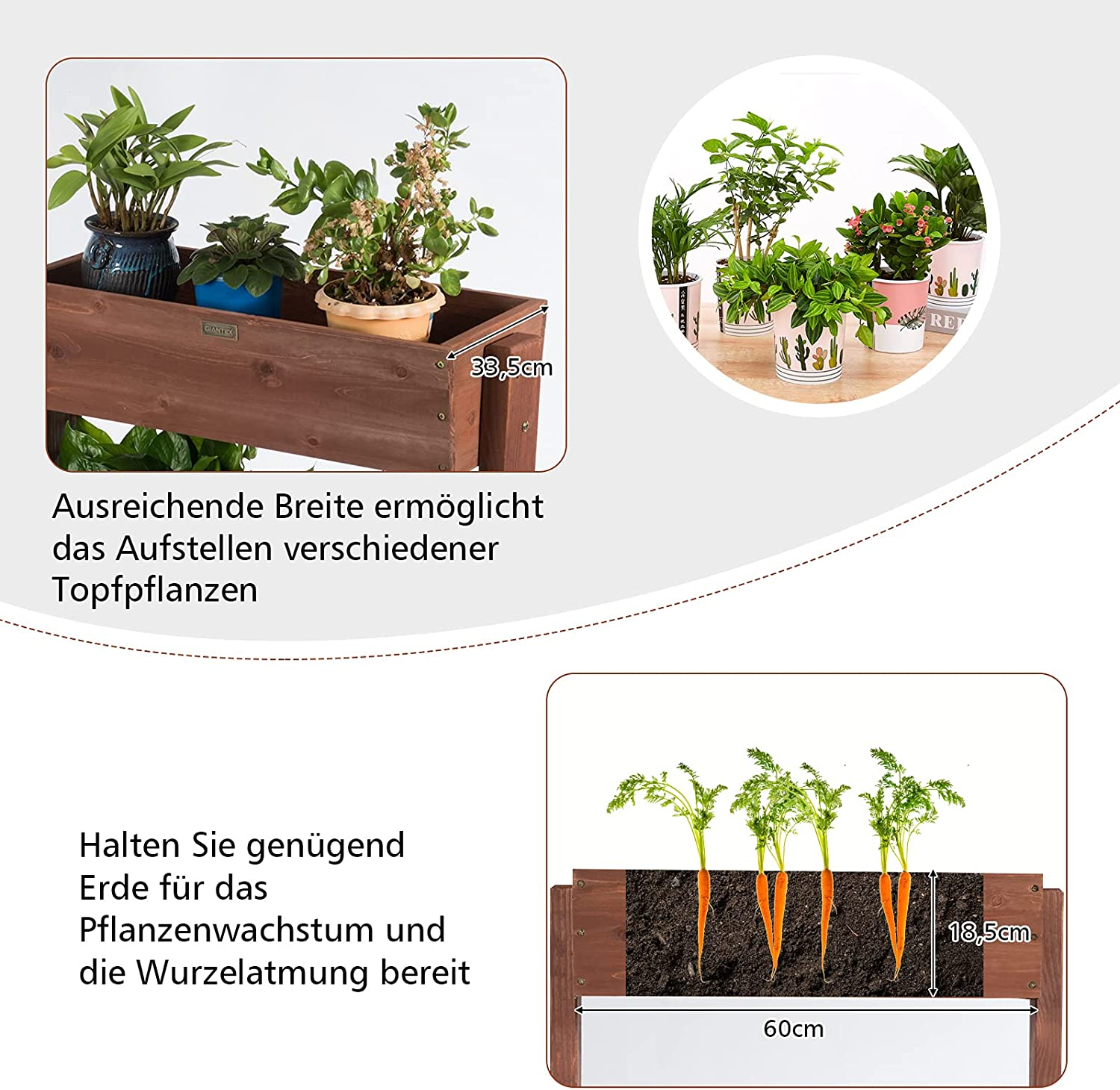 Zwei Bilder von Holzpflanzgefäßen mit Pflanzen und Karotten in Erde.