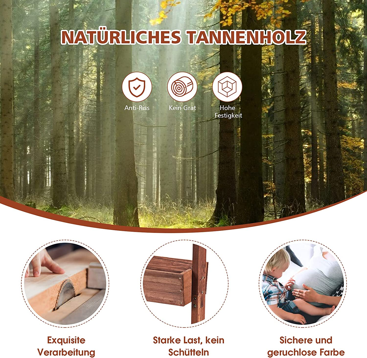 Bild zeigt Holzprodukte: Holzstämme im Wald, Holz wird geschnitten, Holzregale mit Baby und Mutter.
