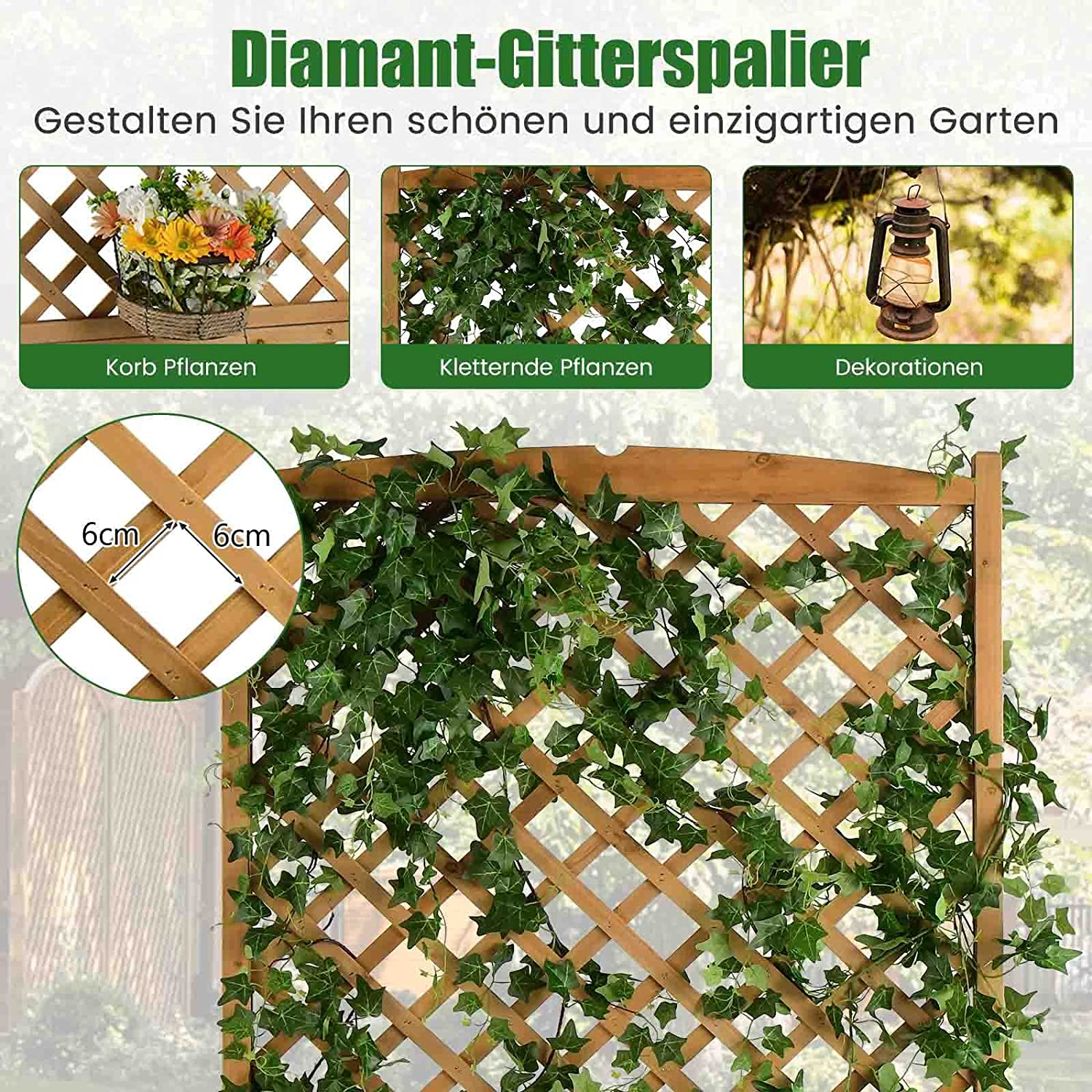 Ein Holzspalier mit Efeu, Blumen in einem Korb, Kletterpflanzen und einer Laterne.
