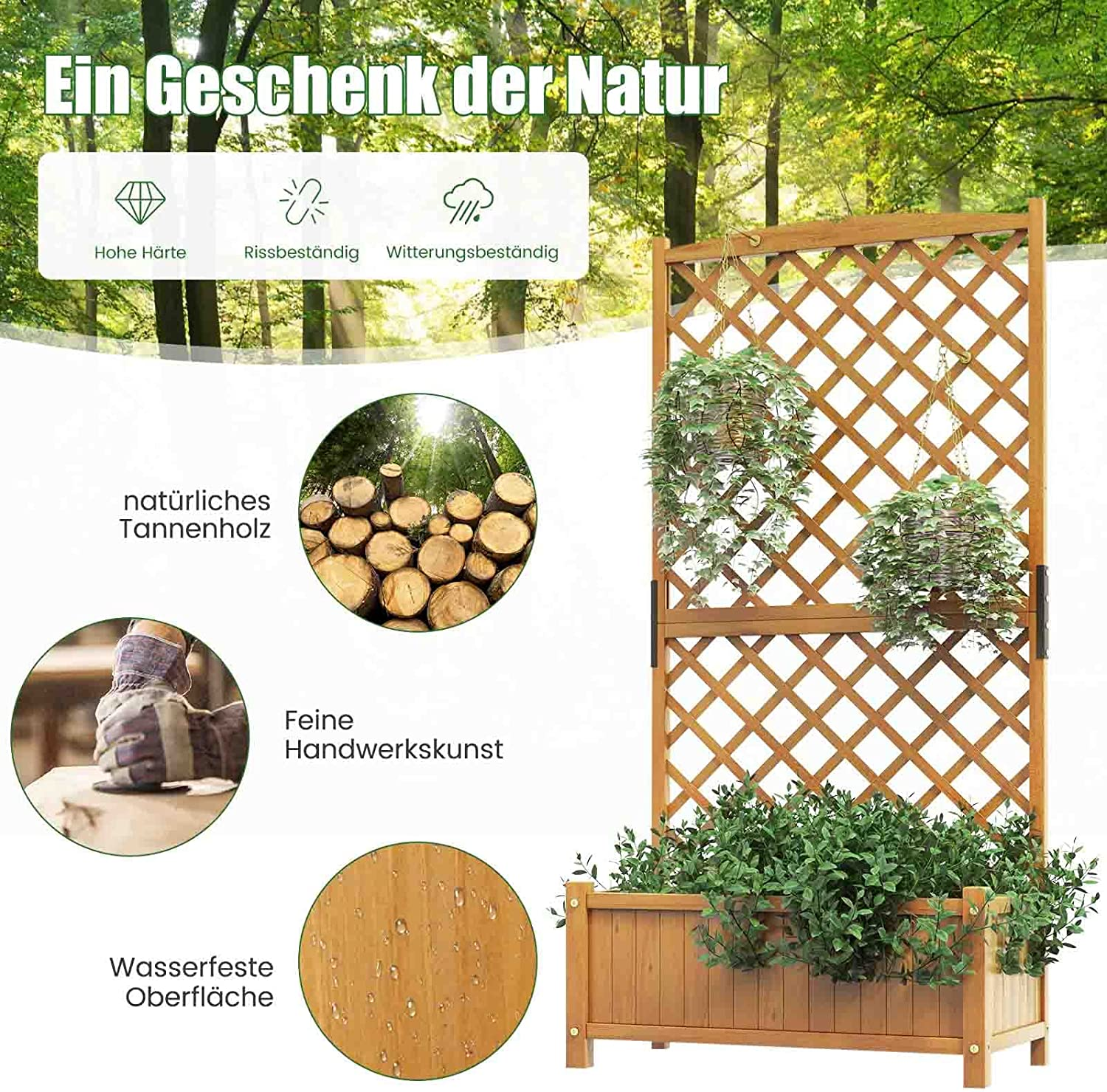 Ein hölzernes Spalier mit Hängepflanzen und einem Pflanzkasten. Der Text behandelt Naturholz, feine Handwerkskunst und Haltbarkeit.