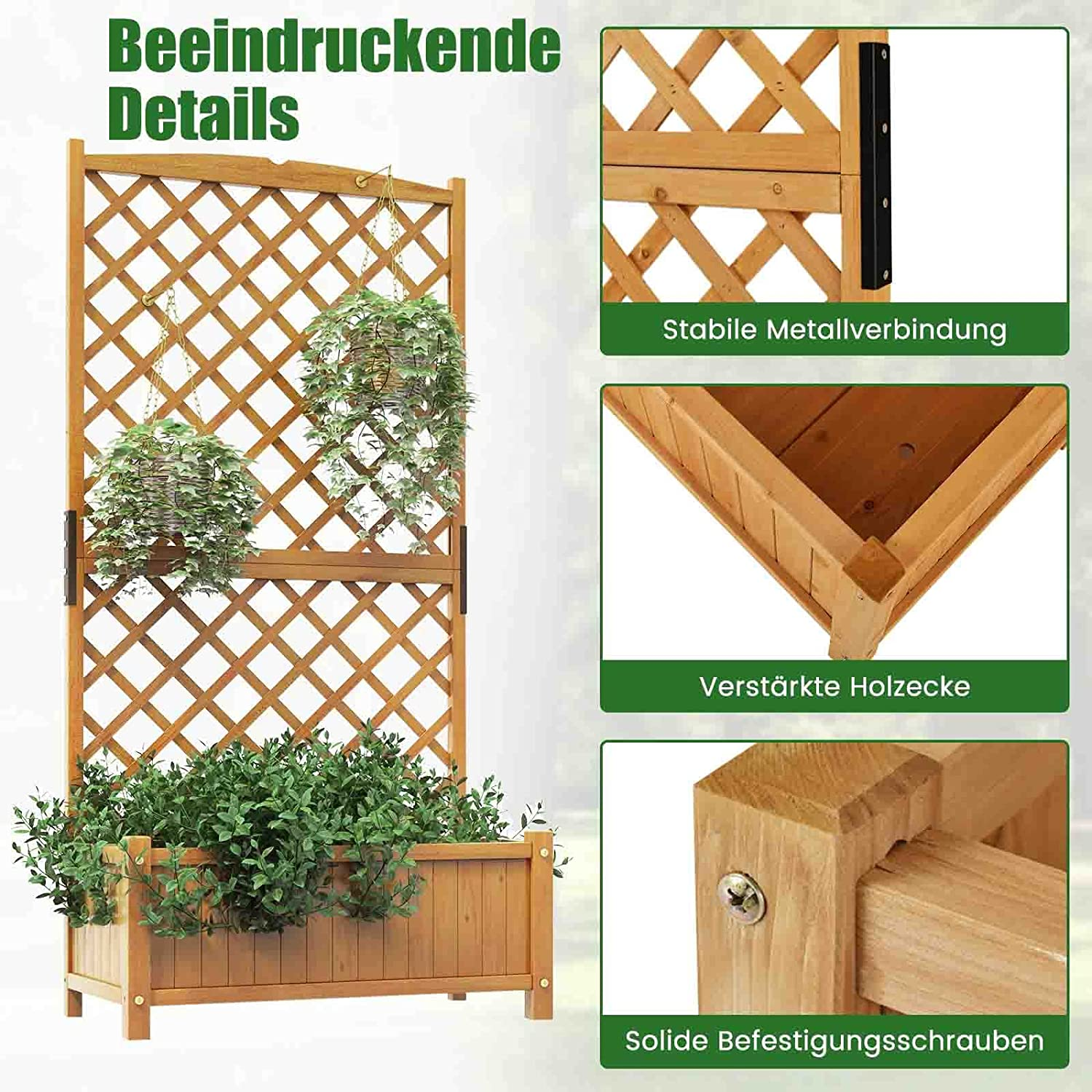 Holzspalier mit Pflanzen, Pflanzkasten und Hängekörben. Nahaufnahmen von Konstruktionsdetails.